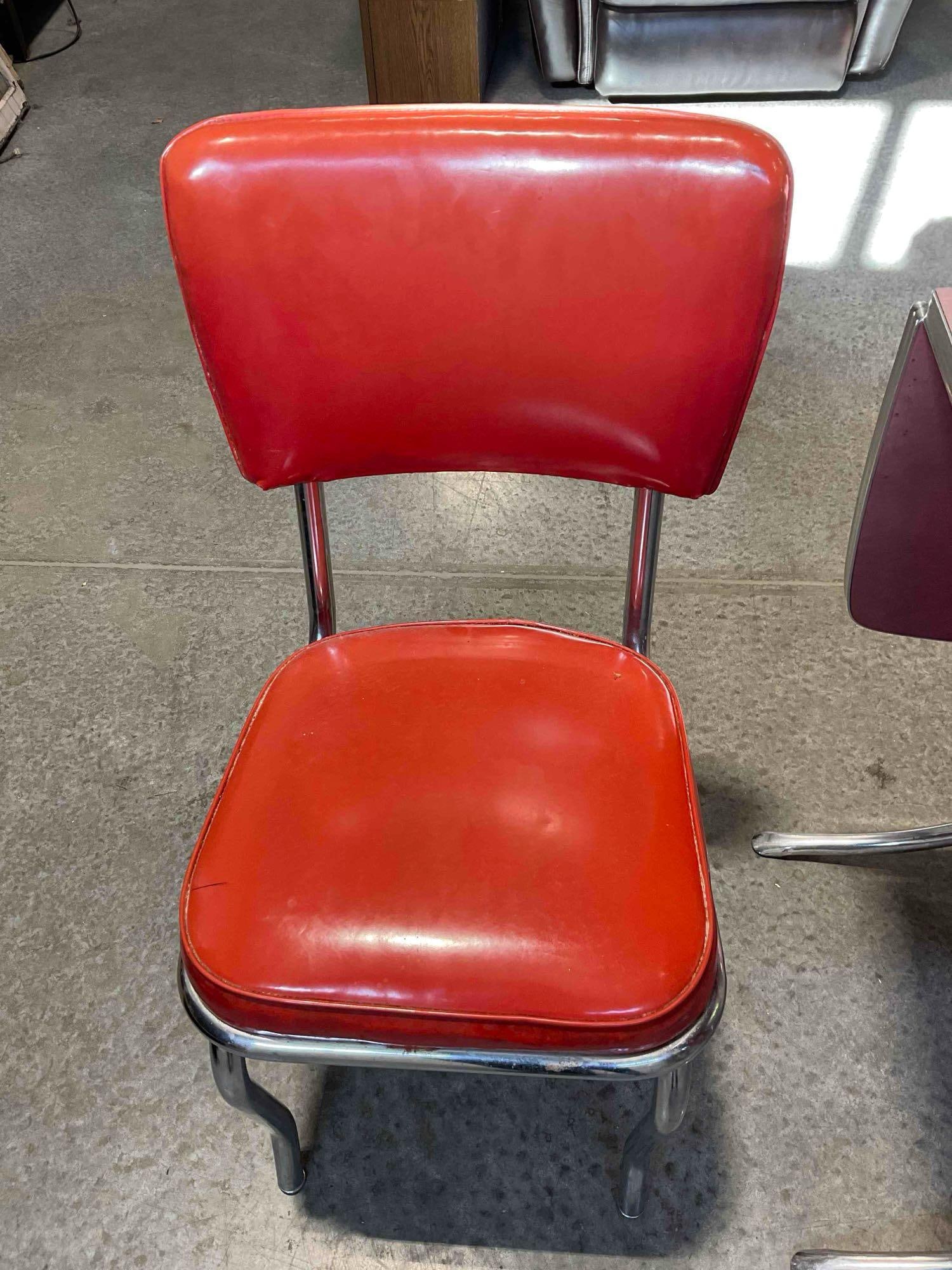 Vintage Mid Century Red Laminate & Chrome Drop Leaf Table w/ 2x Virtue Red Vinyl Chairs. - 5
