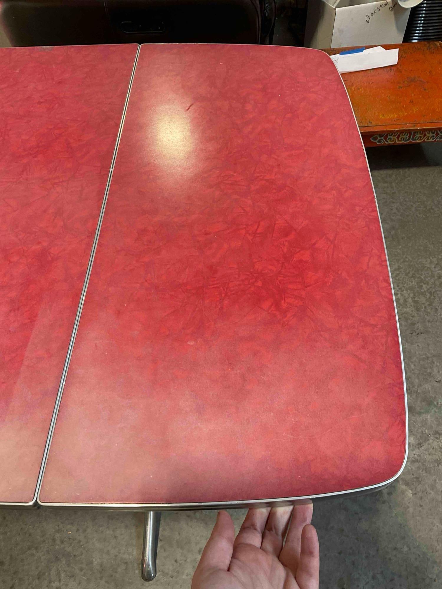 Vintage Mid Century Red Laminate & Chrome Drop Leaf Table w/ 2x Virtue Red Vinyl Chairs. - 7