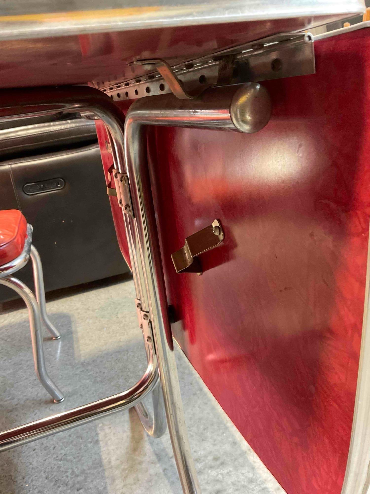 Vintage Mid Century Red Laminate & Chrome Drop Leaf Table w/ 2x Virtue Red Vinyl Chairs. - 9