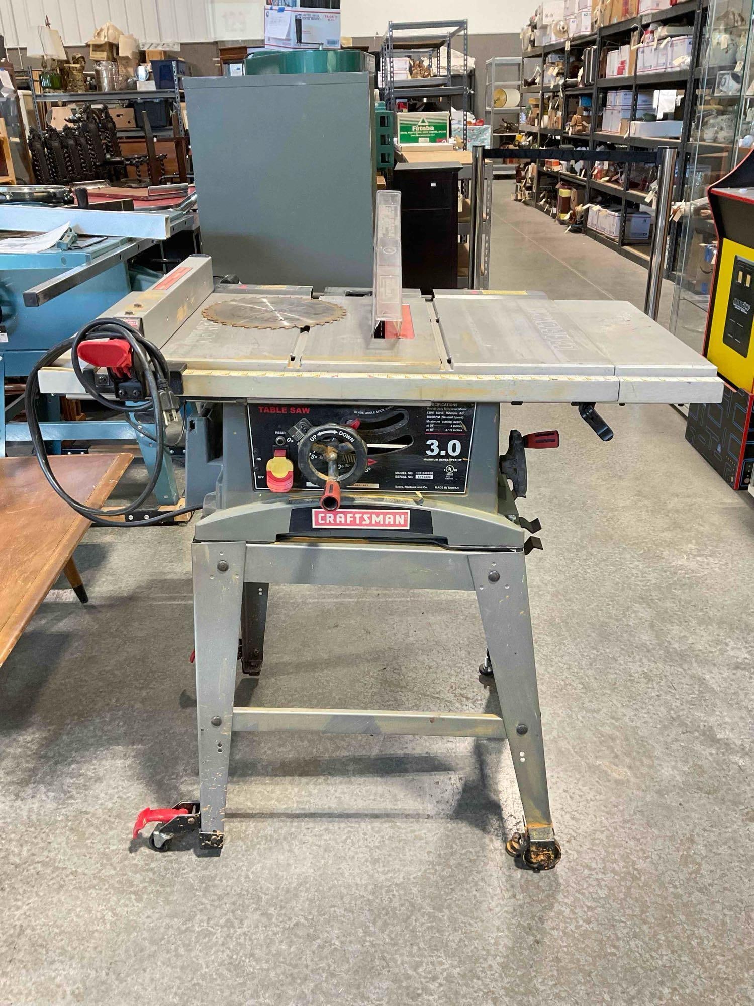 Craftsman 10" 3.0 HP Table Saw Model 137.248830. Tested, Works. See pics.: Craftsman 10" 3.0 HP Table Saw Model 137.248830. Tested, Works. Piece has wear indicative of age and use, includes an additional saw blade, looks to be stained with something orange, could be cleaned,