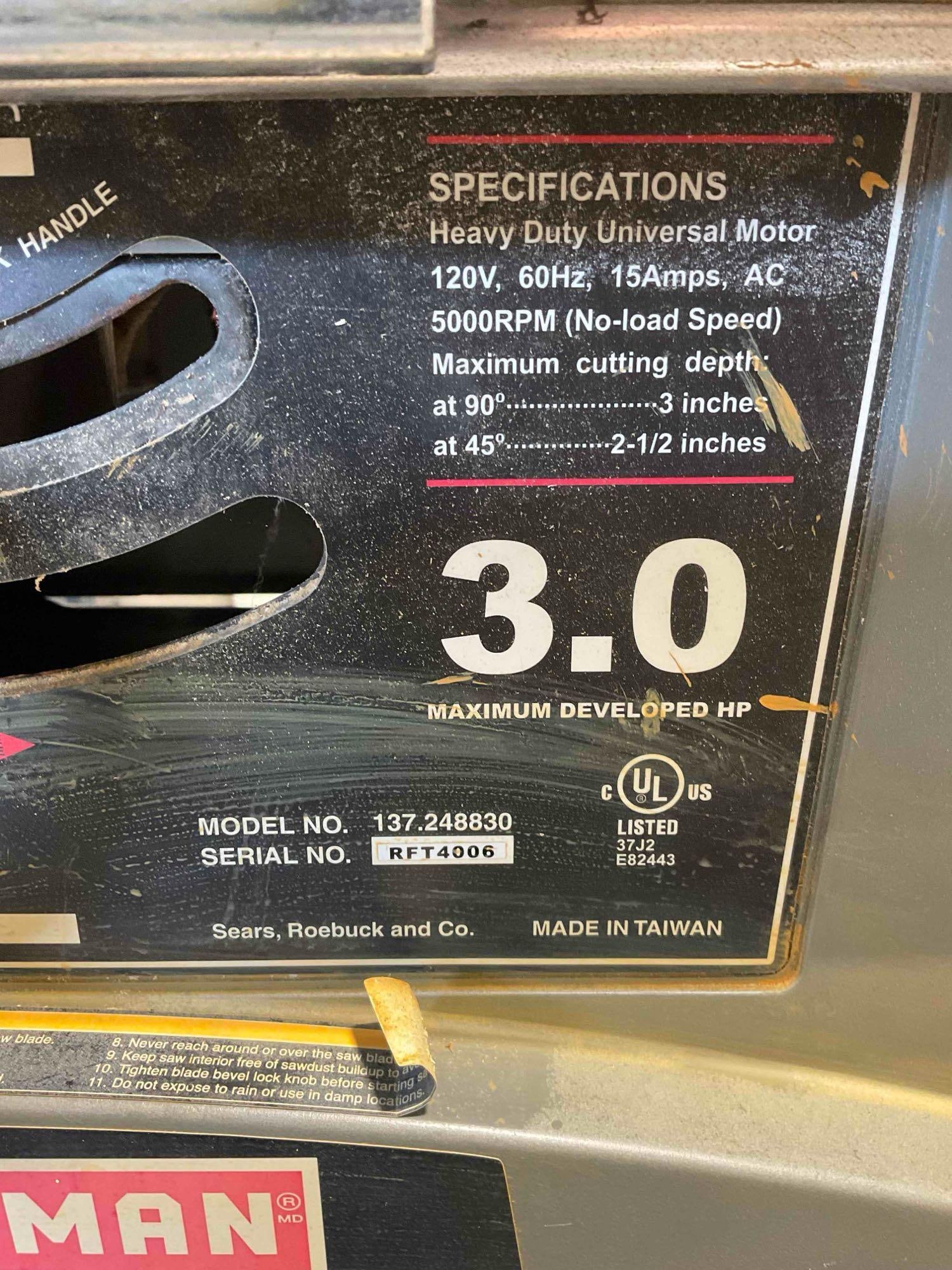 Craftsman 10" 3.0 HP Table Saw Model 137.248830. Tested, Works. See pics. - 5