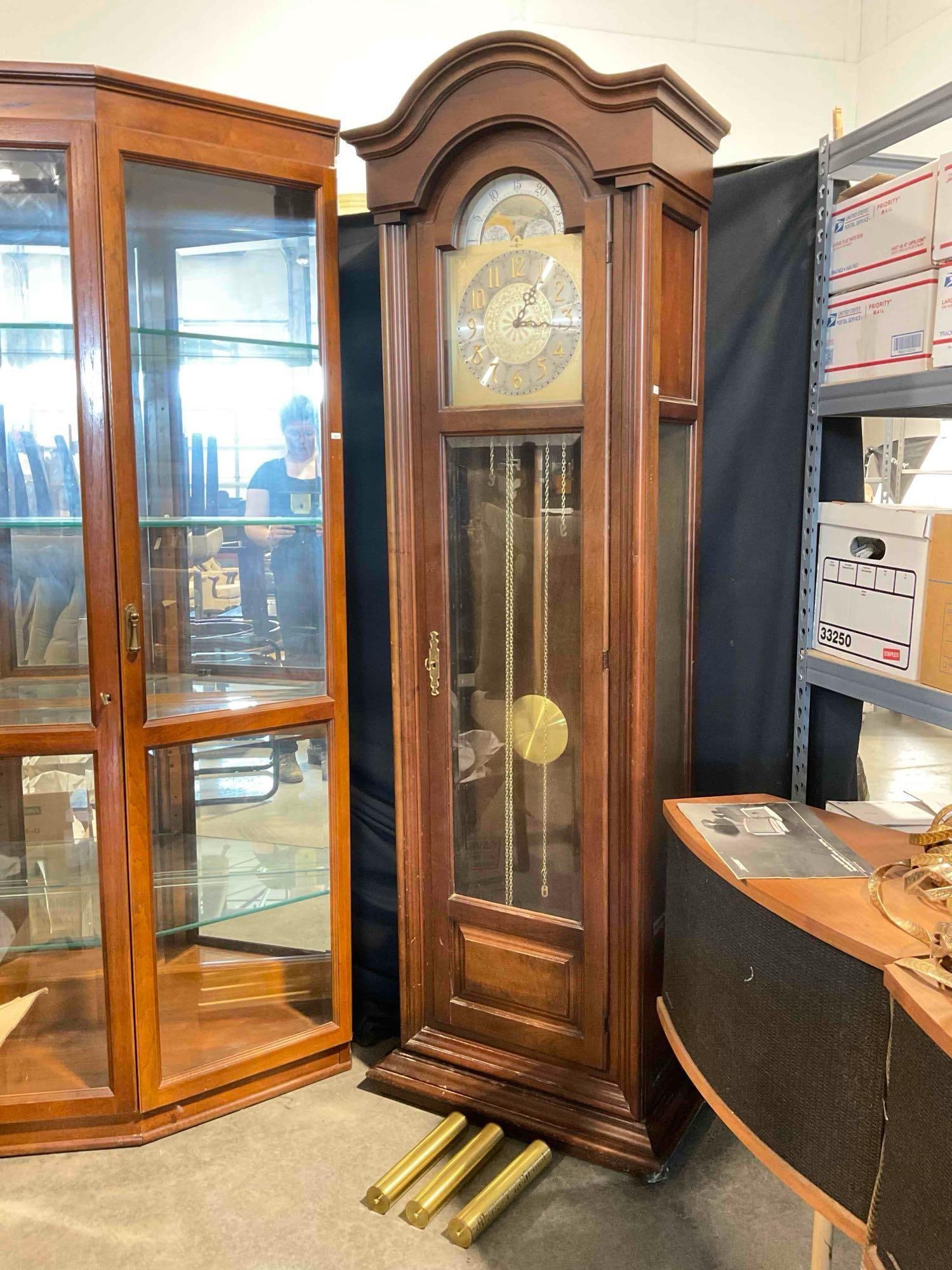 Vintage Howard Miller Grandfather Clock w/ Weights & Pendulum. Fair Condition. See pics.: Vintage Howard Miller Grandfather Clock w/ Weights & Pendulum. Fair Condition. Also includes key. Serial number is 95069. Piece has mold growth and has been exposed to water, has an odor when open