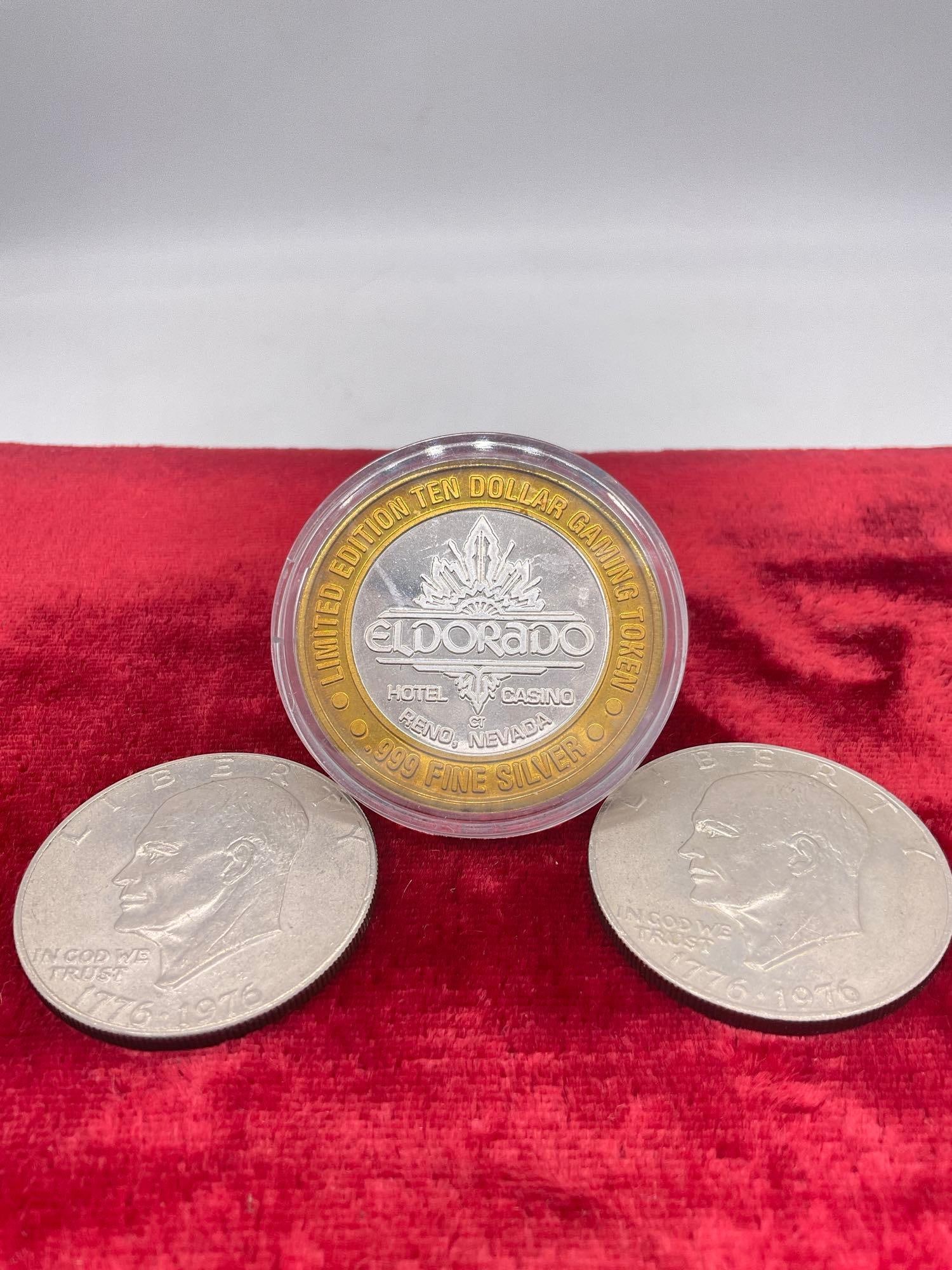 Vintage The Eldorado Casino $10 Gaming coin w/ .60 Oz .999 Silver center + 2 X Bicentennial IKEs: c-6420