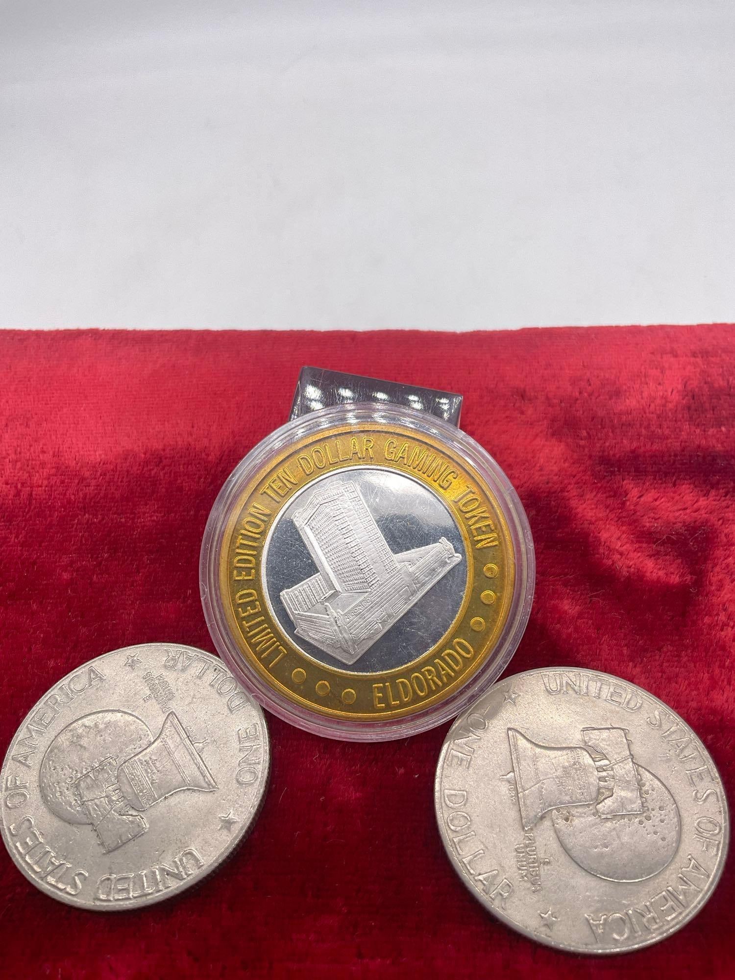Vintage The Eldorado Casino $10 Gaming coin w/ .60 Oz .999 Silver center + 2 X Bicentennial IKEs - 2