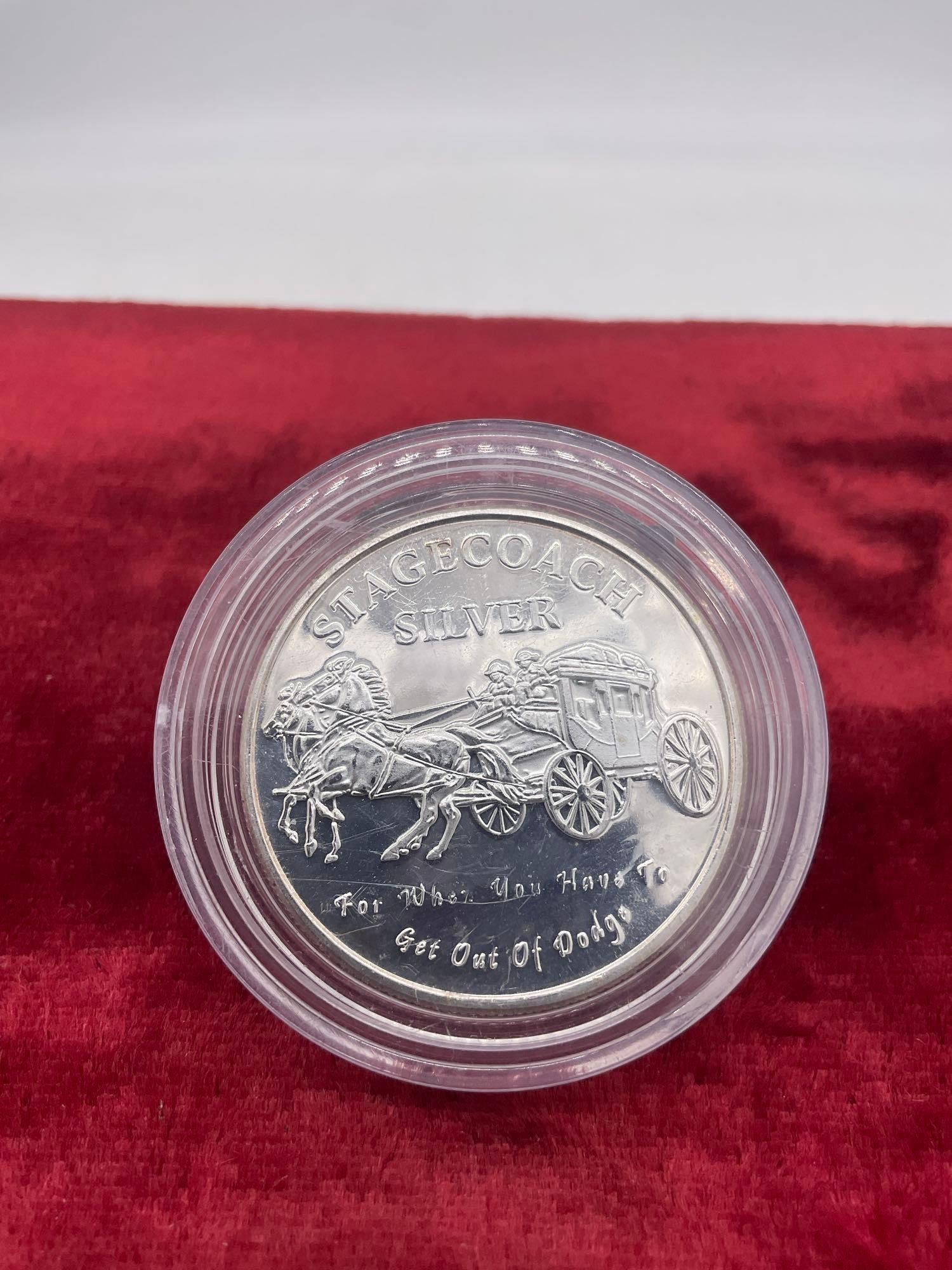 Vintage Stage Coach 1oz .999 silver Art round " For when you have to get out of Dodge ": c-6420