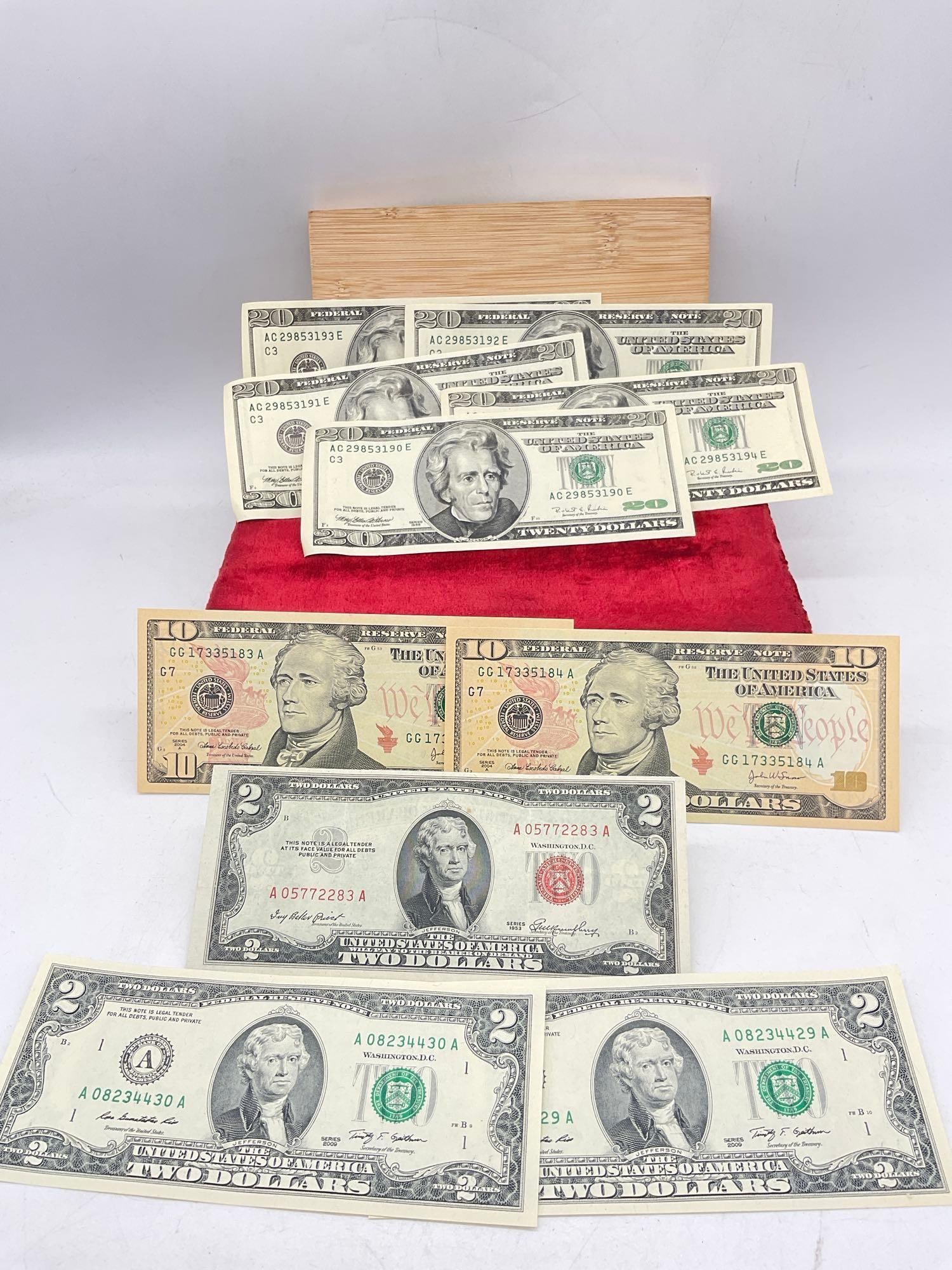Selection of Uncirculated sequentially Numbered federal reserve Notes $20, $10, & $2.00 + $2 Red (1 of 6)