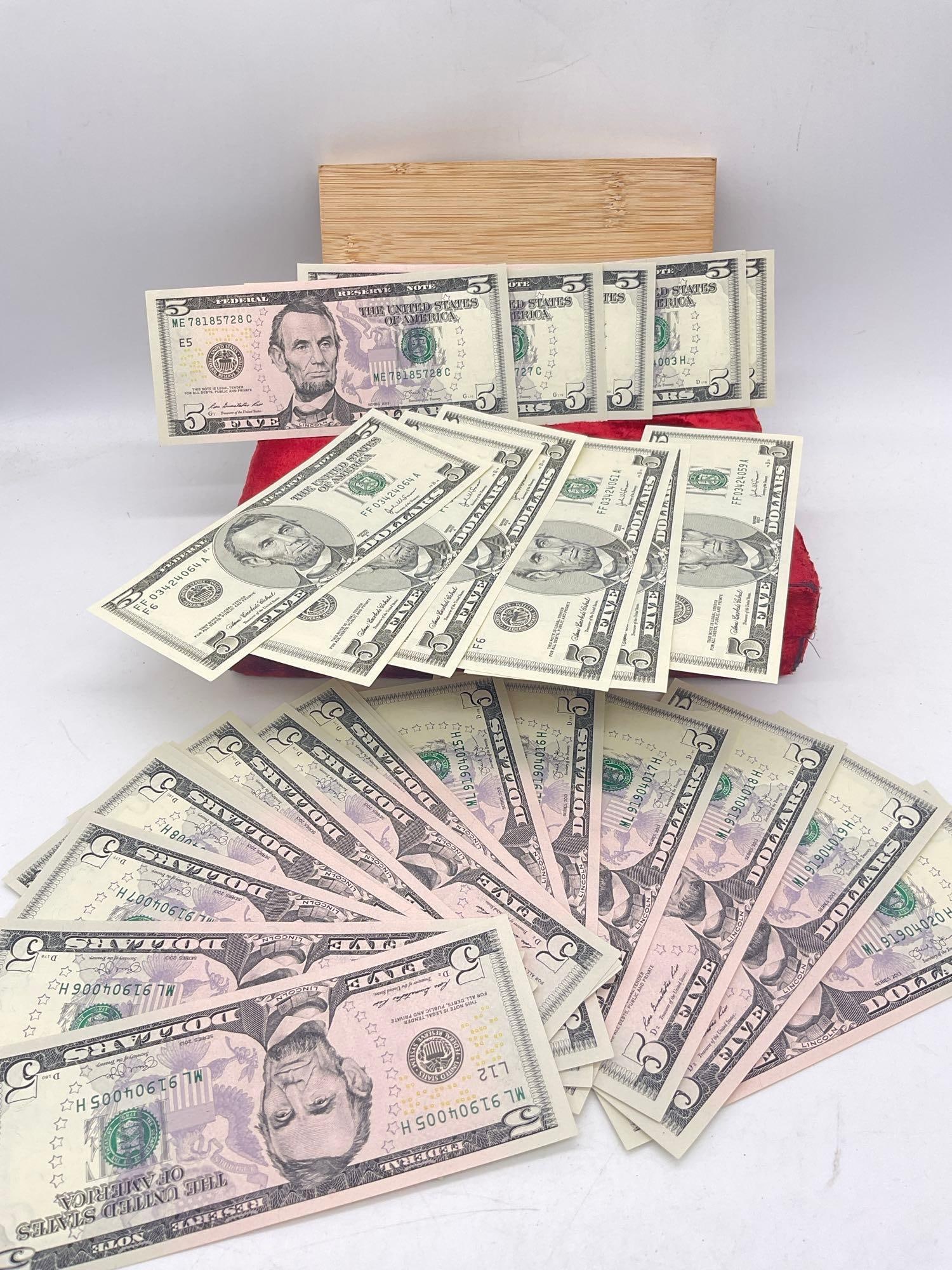 27 X 2003 UNCIRCULATED Crisp Sequentially Numbered $5.00 Federal Reserve Notes: C-6610 6 x FF 03424059 A though FF 034224064 A 19 x ML 91904002 H though Ml 919904020 H 2 X ME 781852727 C & ME 78185278 C 