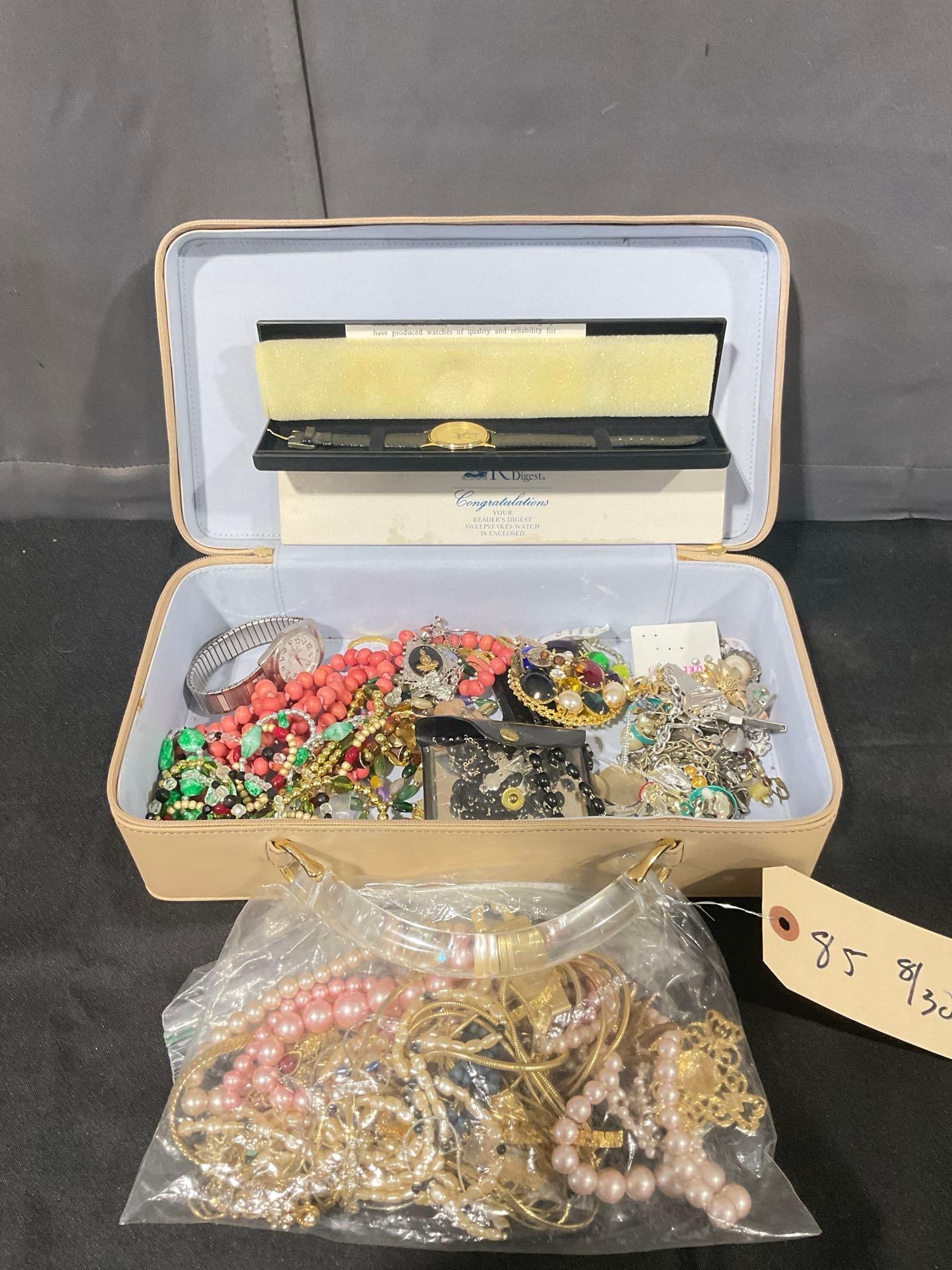 Vintage Zip case travel case full of vintage estate jewelry, rings, earrings , necklaces, watches: c-6300 See pics case is optional 13" x 7" wide x 4"