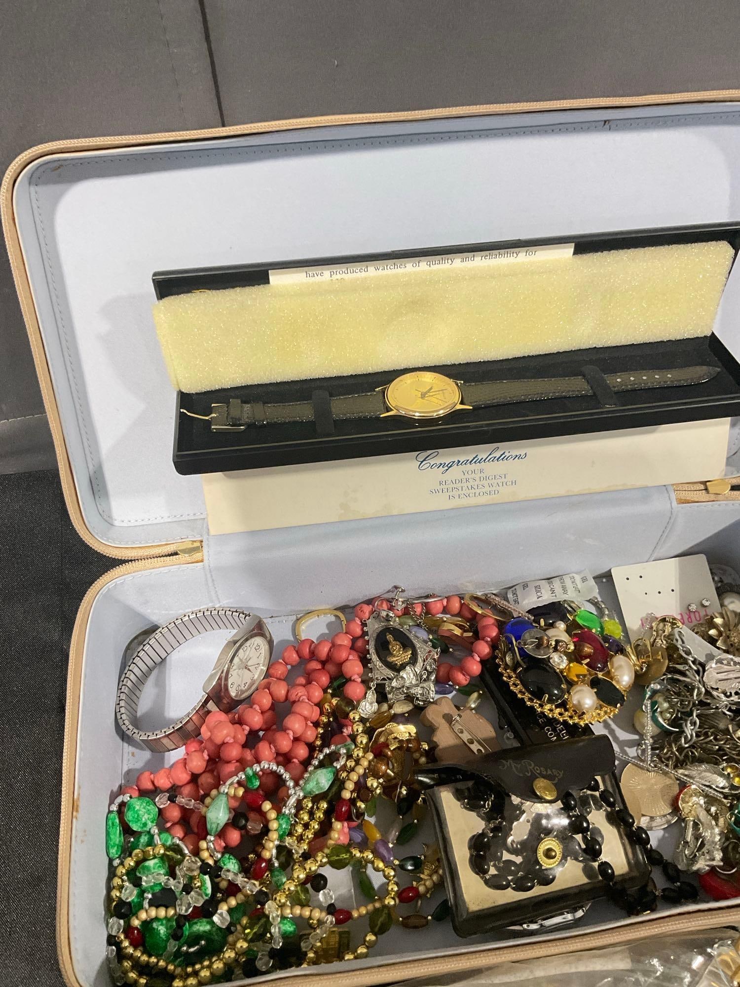Vintage Zip case travel case full of vintage estate jewelry, rings, earrings , necklaces, watches - 2