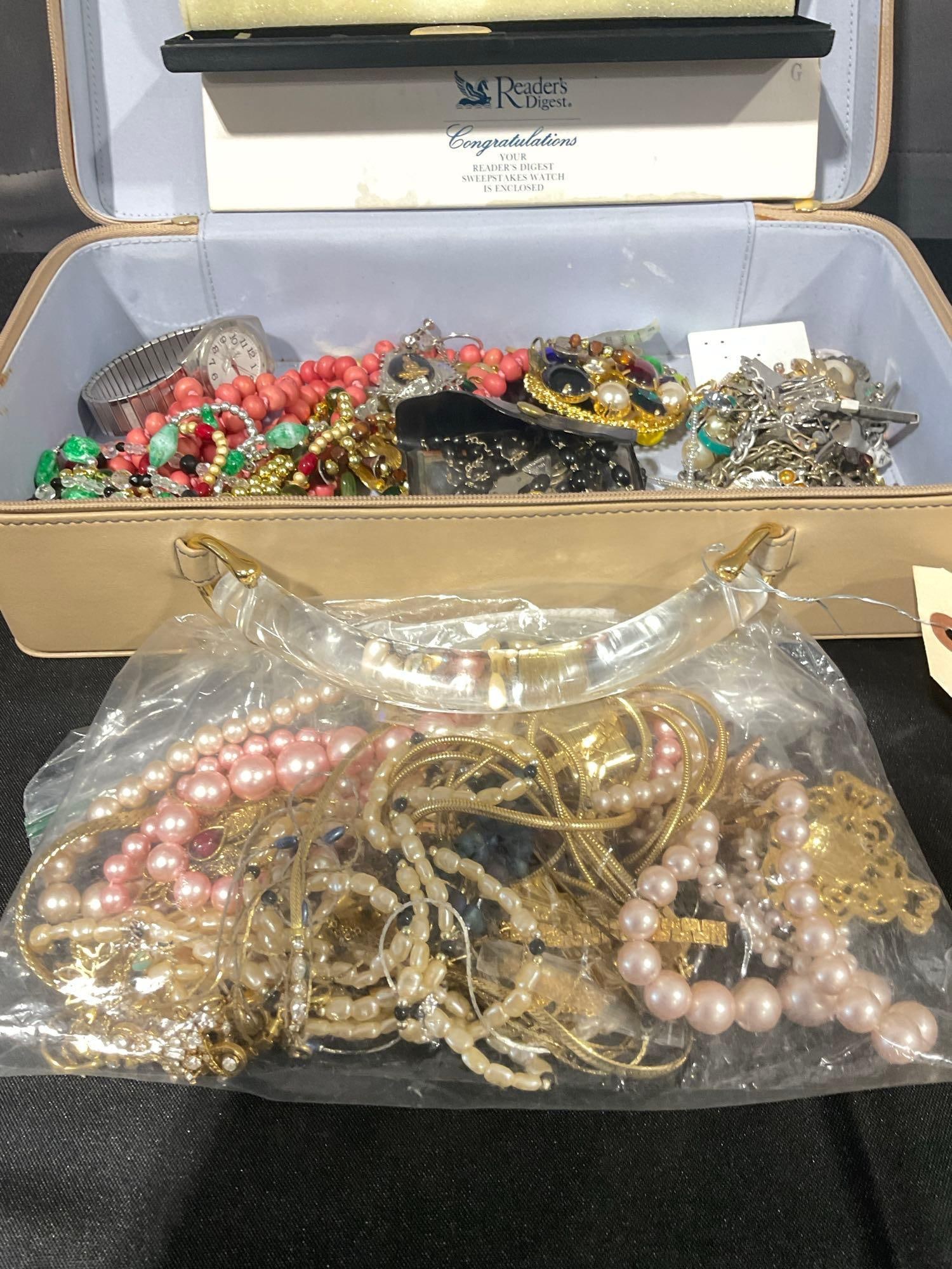 Vintage Zip case travel case full of vintage estate jewelry, rings, earrings , necklaces, watches - 4