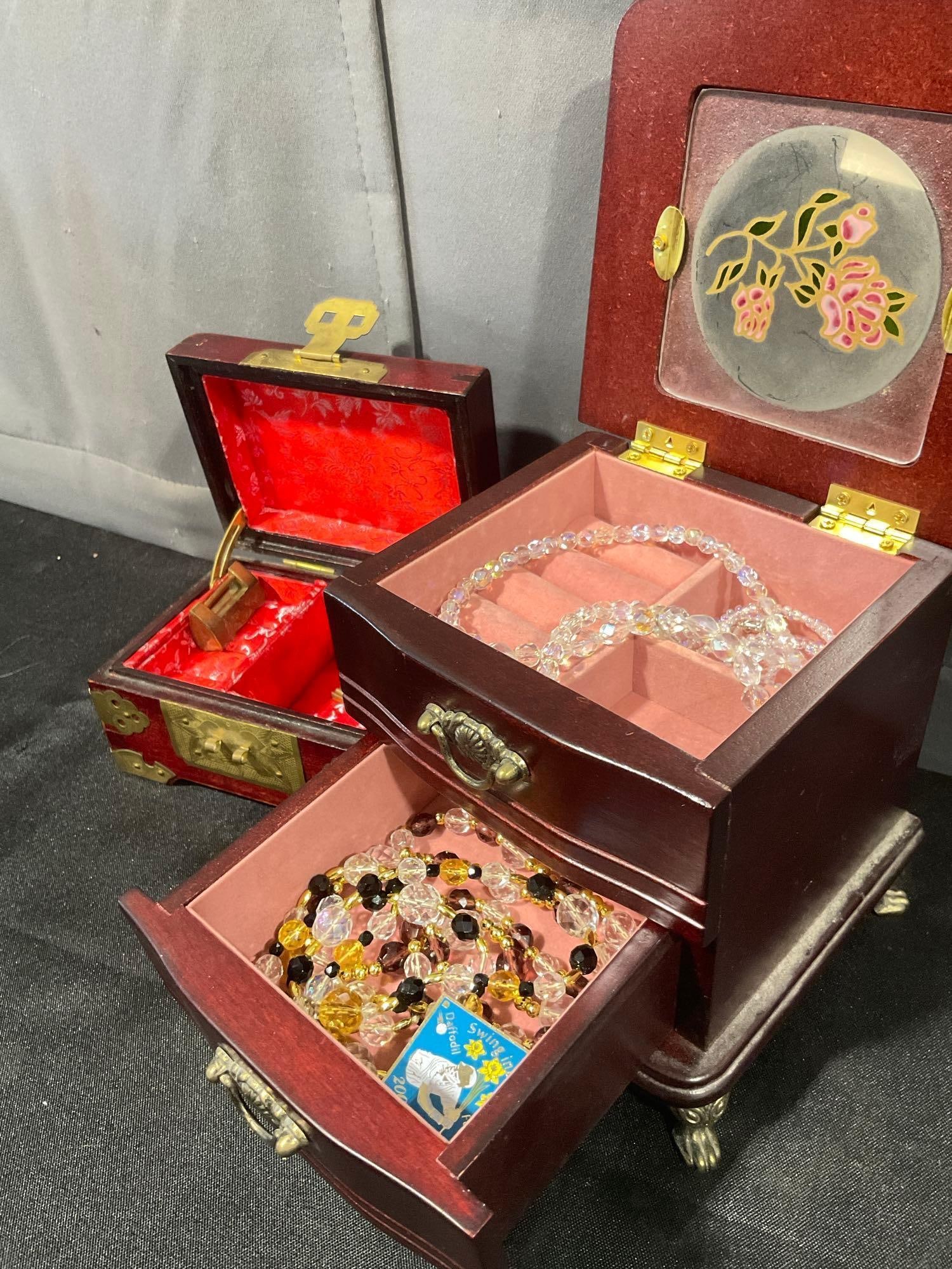 Vintage Footed Cherry wood Jewelry box w/ Crystal necklaces & Small Asian Jewelry box w/sliding L... - 2