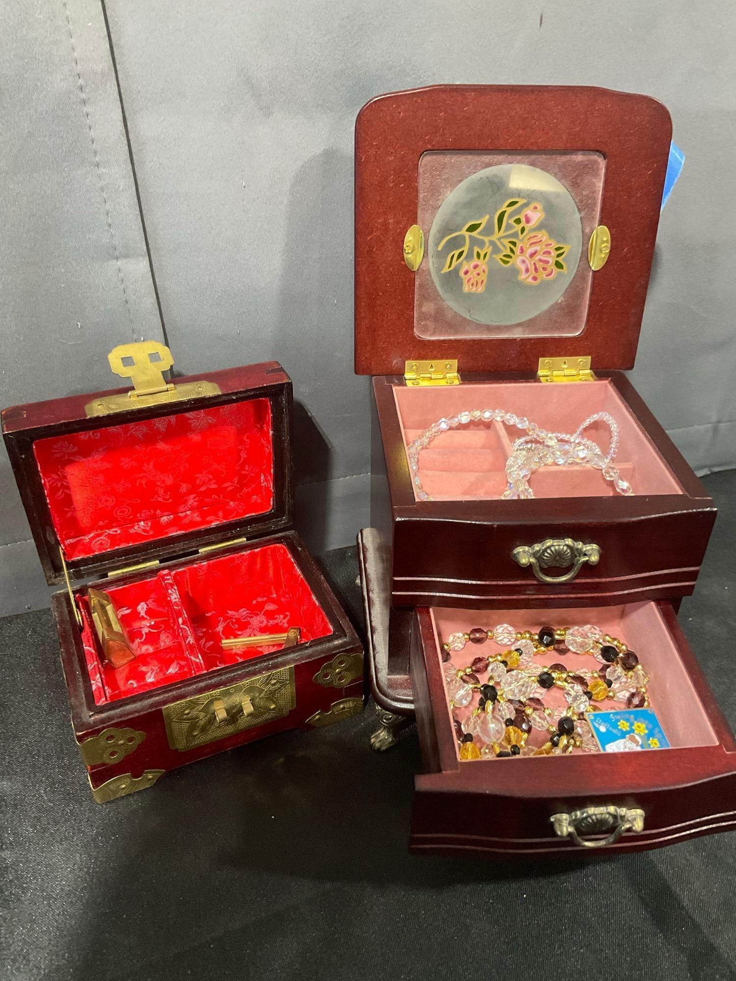 Vintage Footed Cherry wood Jewelry box w/ Crystal necklaces & Small Asian Jewelry box w/sliding L... - 3