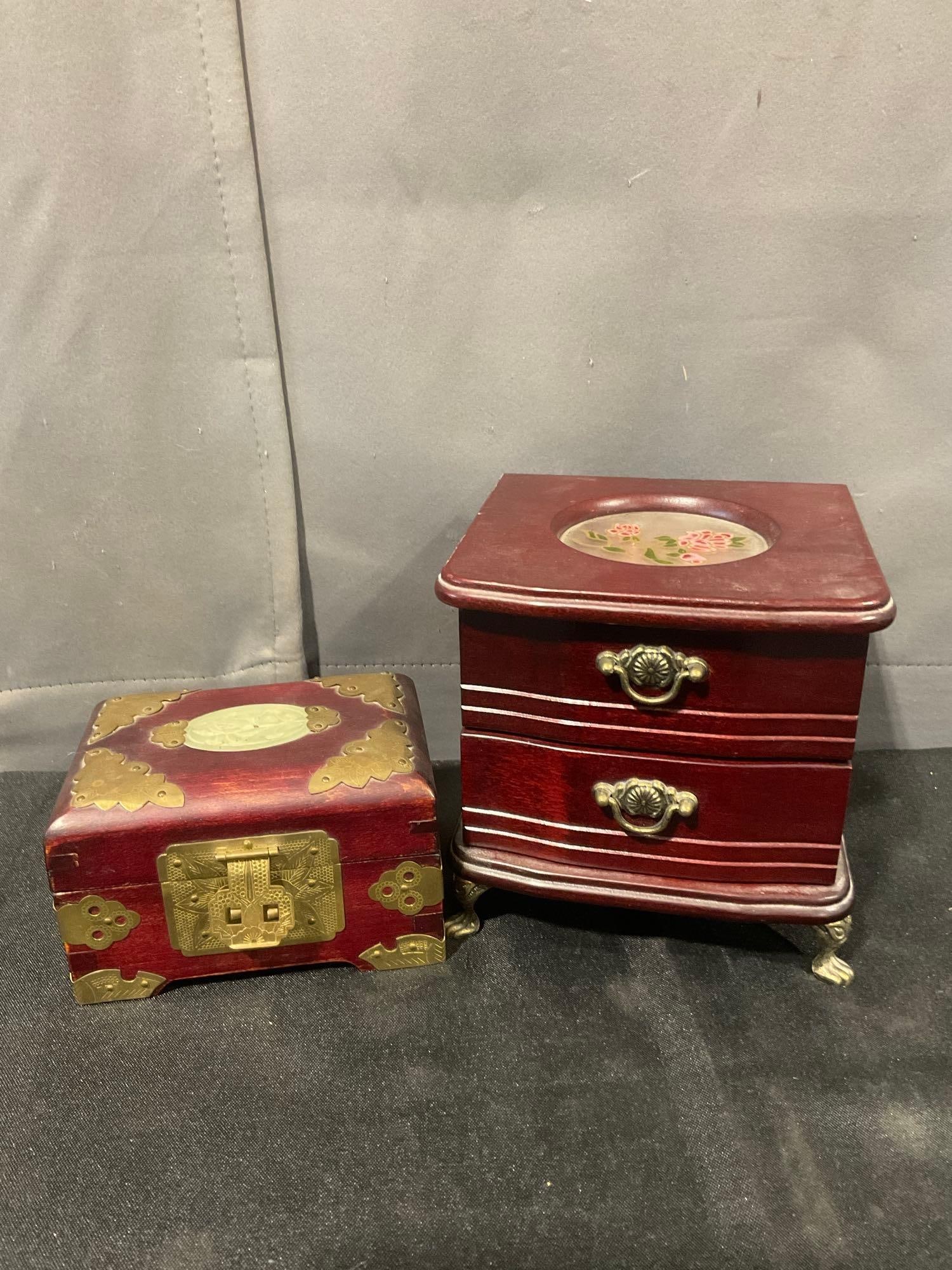 Vintage Footed Cherry wood Jewelry box w/ Crystal necklaces & Small Asian Jewelry box w/sliding L... - 4