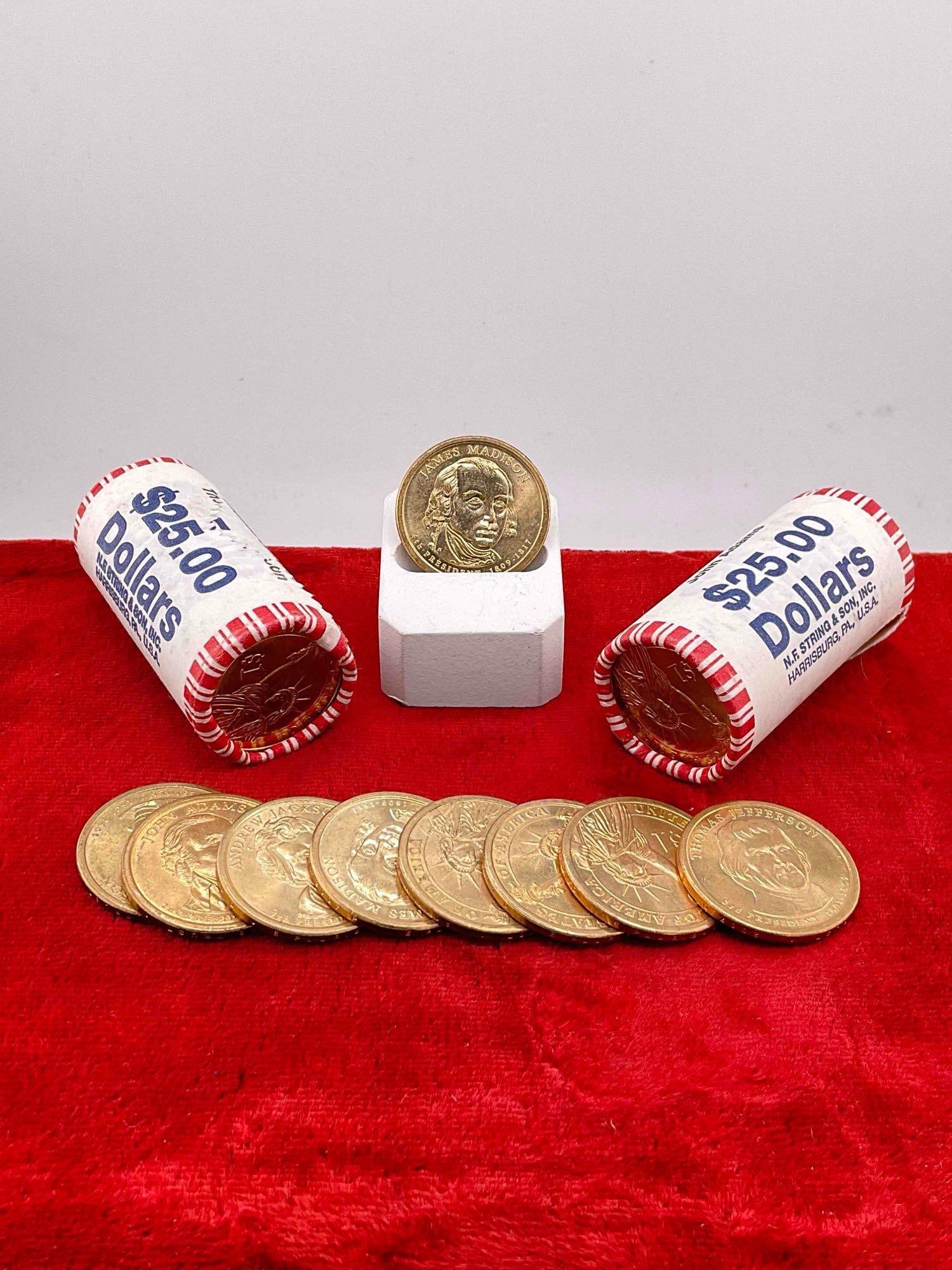 59 x US presidential Dollars, 2x US mint Uncirculated bank wrapped $25.00 rolls + 9 x loose coins: c-6610 The two US mint bank rolled are John Adams & Thomas Jefferson 