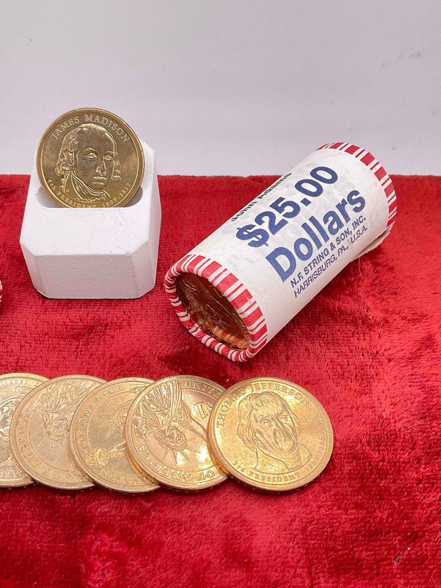 59 x US presidential Dollars, 2x US mint Uncirculated bank wrapped $25.00 rolls + 9 x loose coins - 2