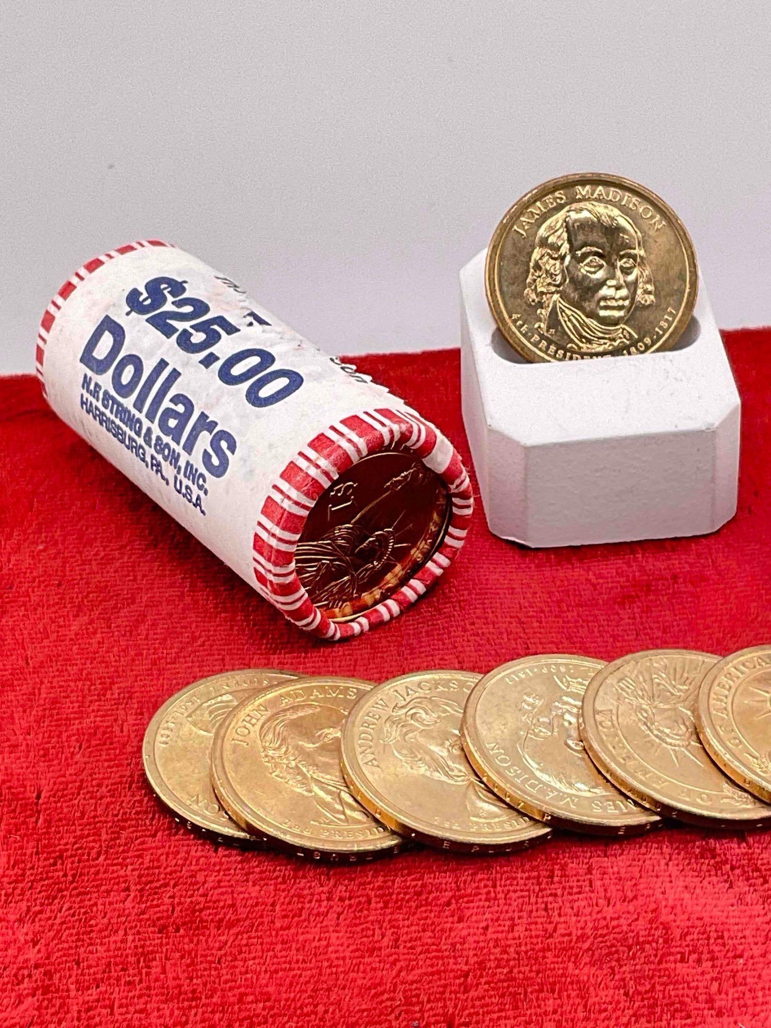 59 x US presidential Dollars, 2x US mint Uncirculated bank wrapped $25.00 rolls + 9 x loose coins - 3