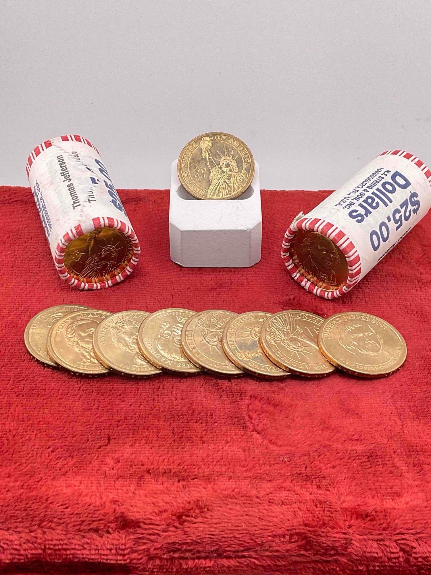 59 x US presidential Dollars, 2x US mint Uncirculated bank wrapped $25.00 rolls + 9 x loose coins - 4