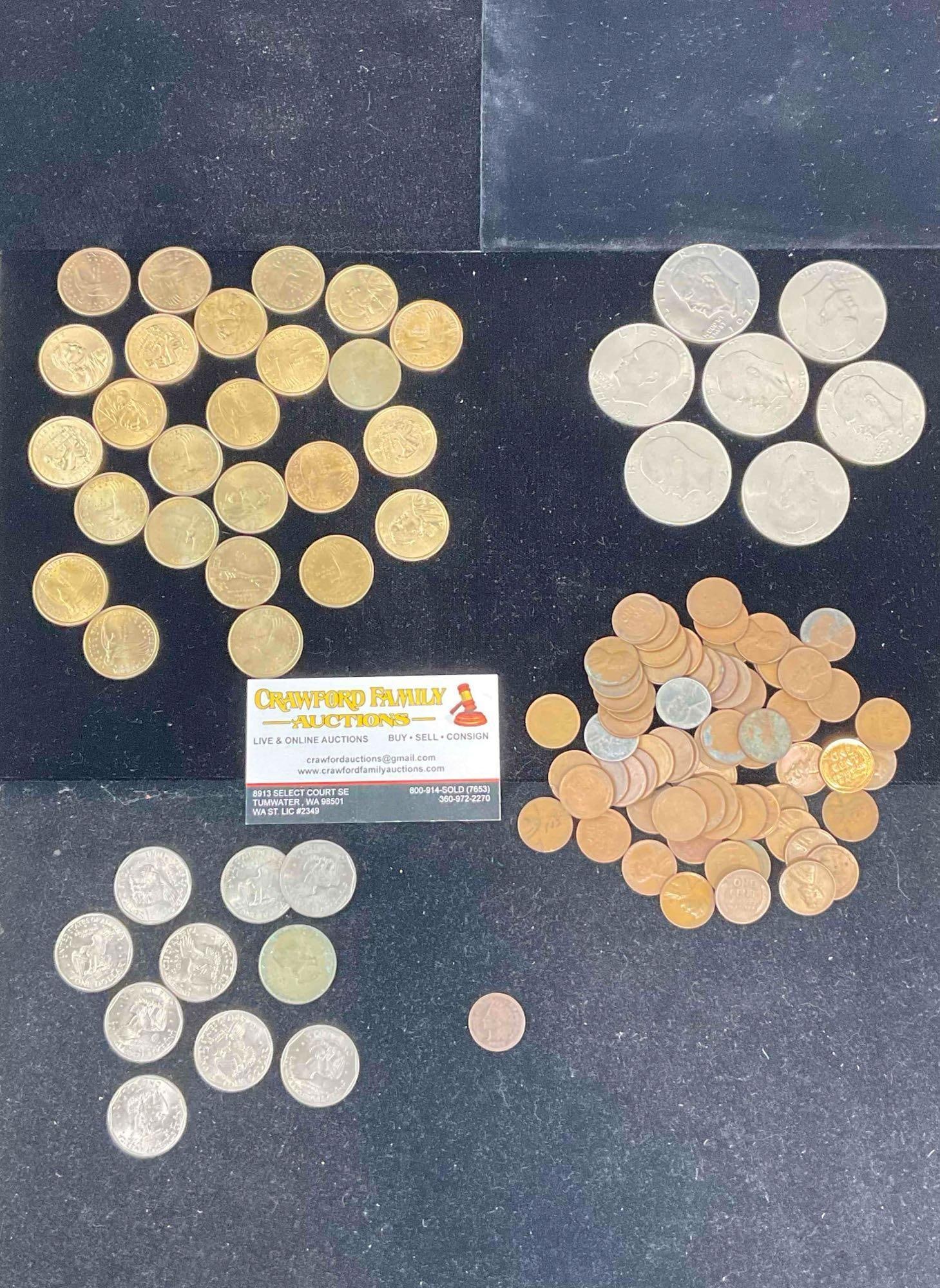 41x US Dollar coins + Approx 67 Wheat pennies assorted Mint marks & dates + 1907 Indian head: c-6610 6 X Eisenhower's Dollars 10 x Susan B Anthony Dollars 25 x Native American Sacajawea Dollars 67 Wheat Pennies 1907 Indian head 
