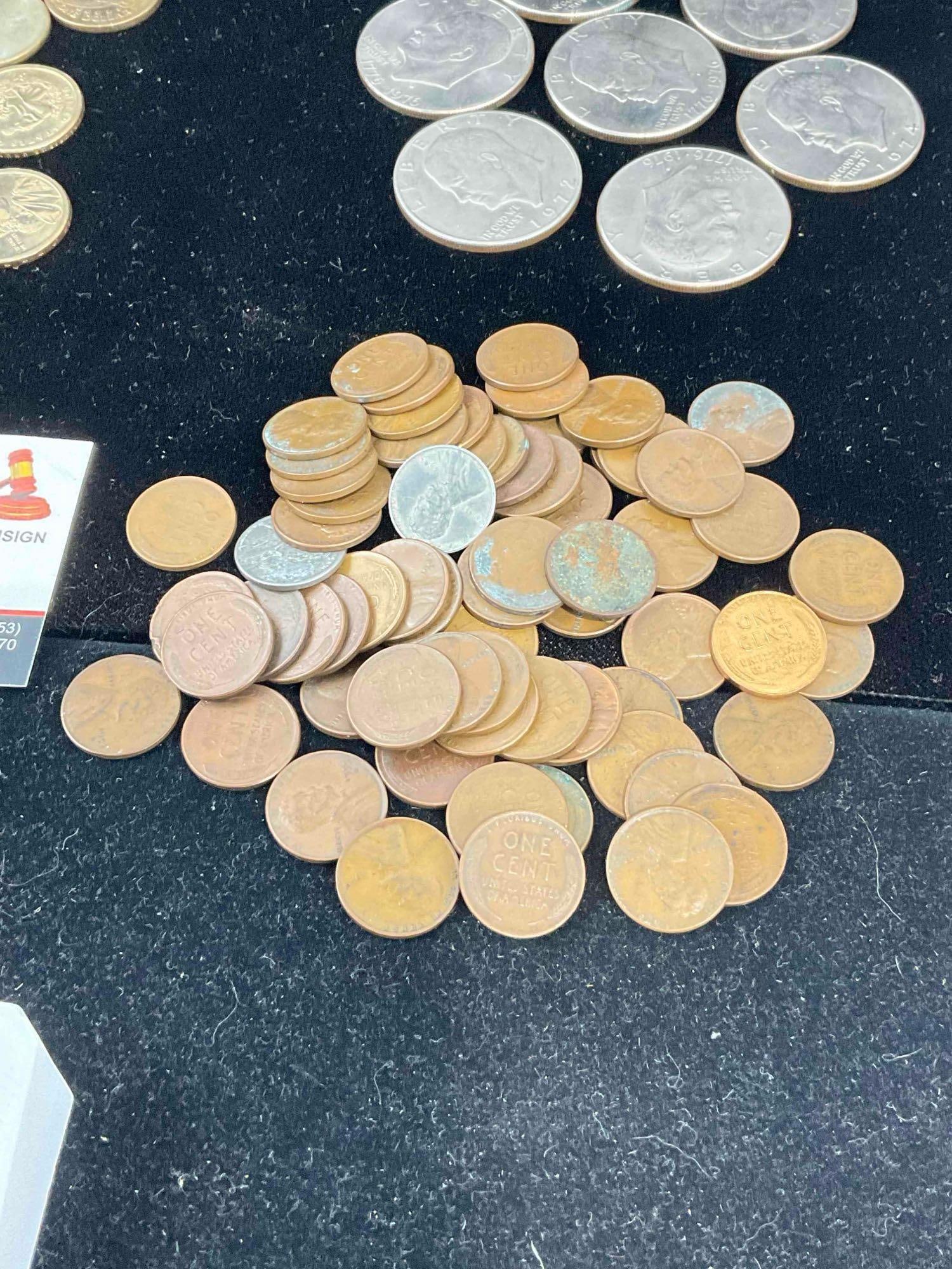 41x US Dollar coins + Approx 67 Wheat pennies assorted Mint marks & dates + 1907 Indian head - 4