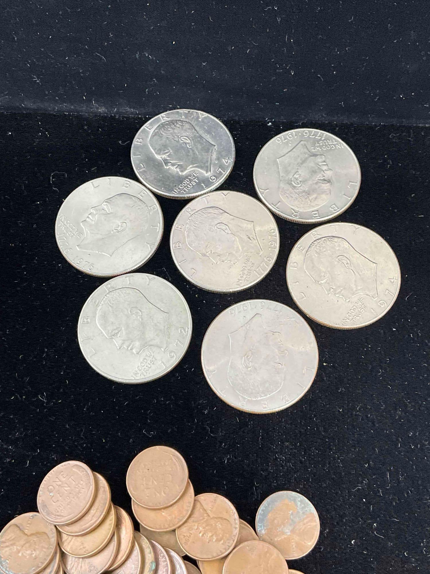 41x US Dollar coins + Approx 67 Wheat pennies assorted Mint marks & dates + 1907 Indian head - 5