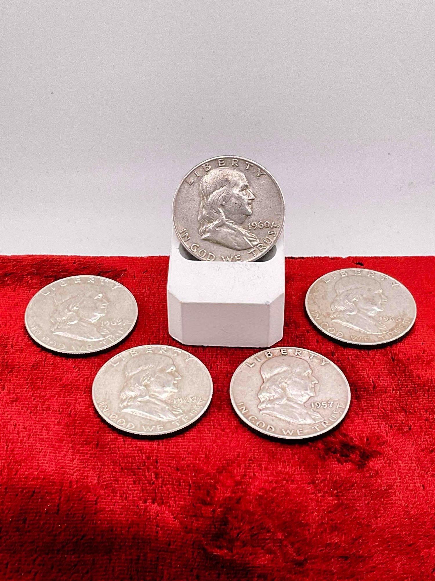 5 x Benjamin Franklin Silver half dollars 3x 1963, 1957, & 1960 all coins are D mint mark: c-6610