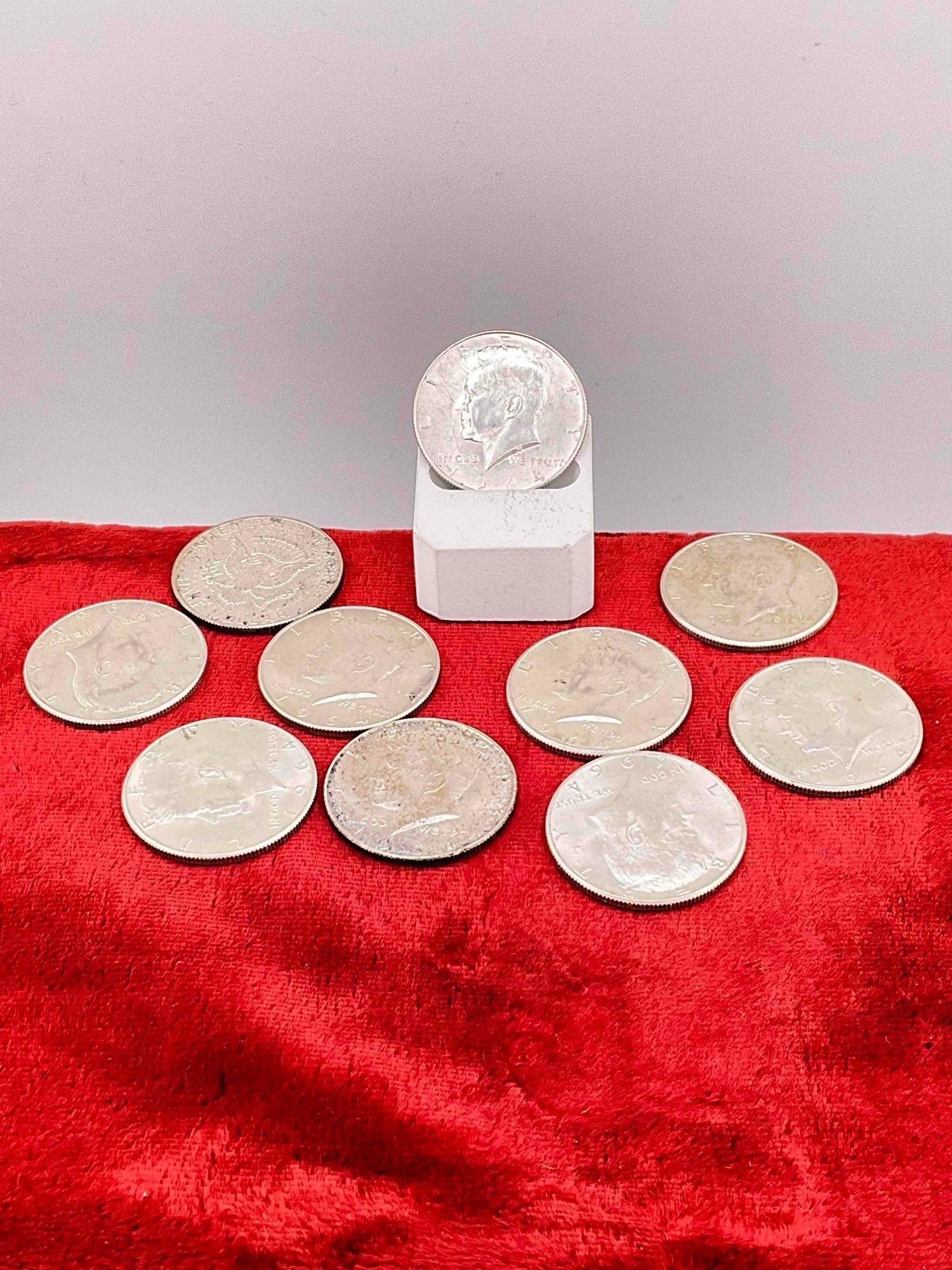 10 x 1964 Silver Kennedy 90% Silver Half Dollars, Assorted Mint marks & some nice gradable coins: c-6610
