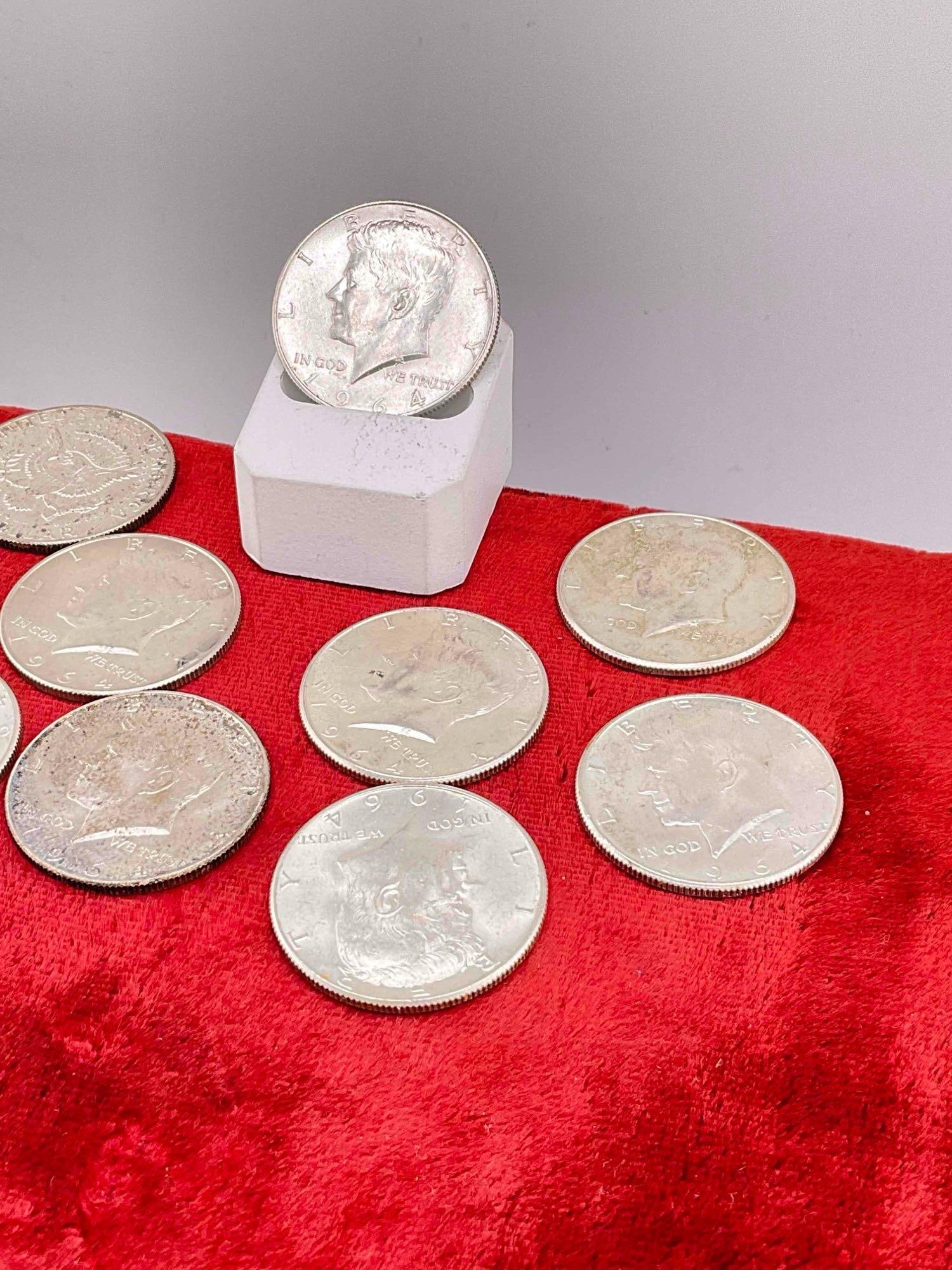 10 x 1964 Silver Kennedy 90% Silver Half Dollars, Assorted Mint marks & some nice gradable coins - 3