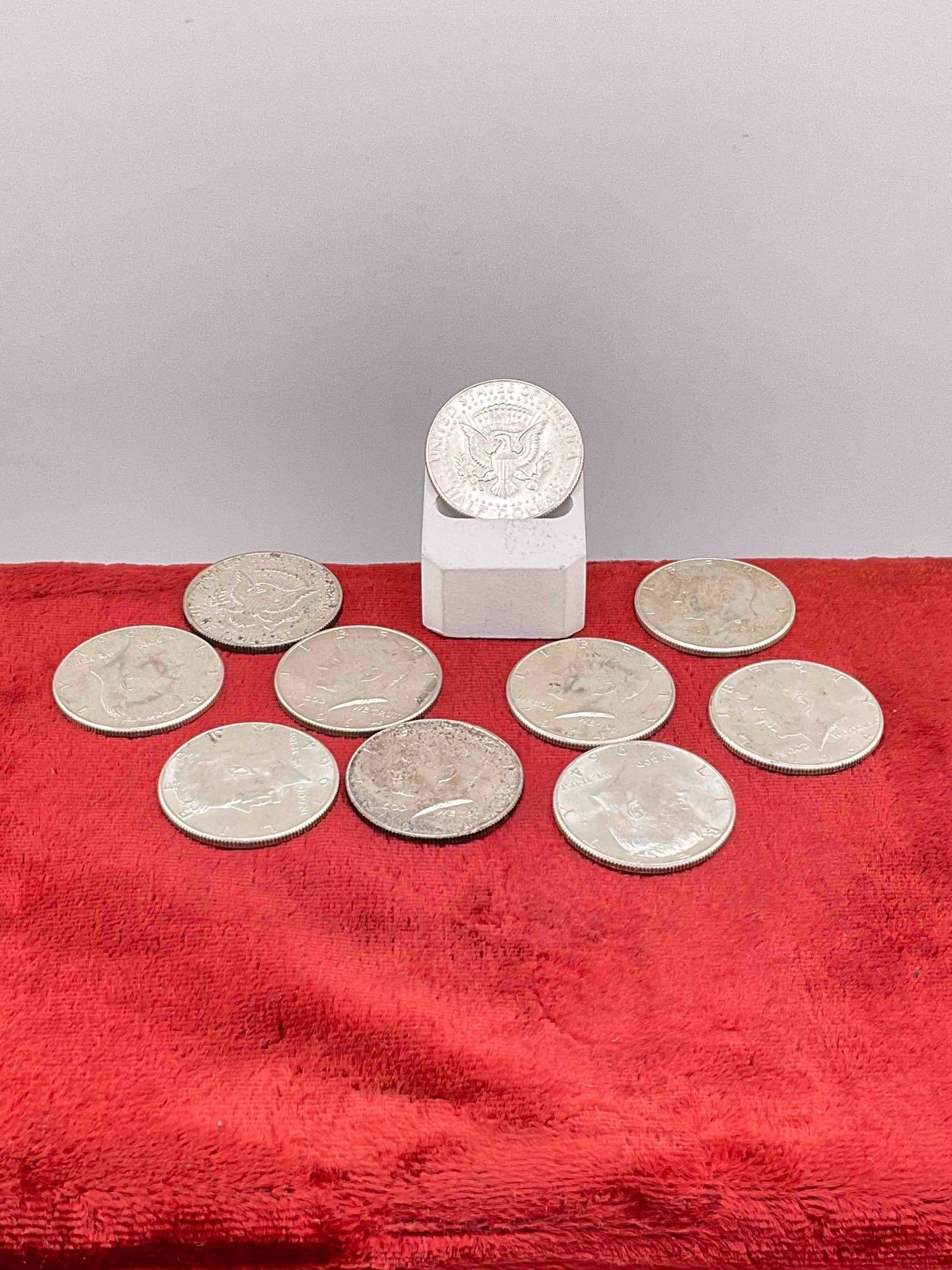 10 x 1964 Silver Kennedy 90% Silver Half Dollars, Assorted Mint marks & some nice gradable coins - 4