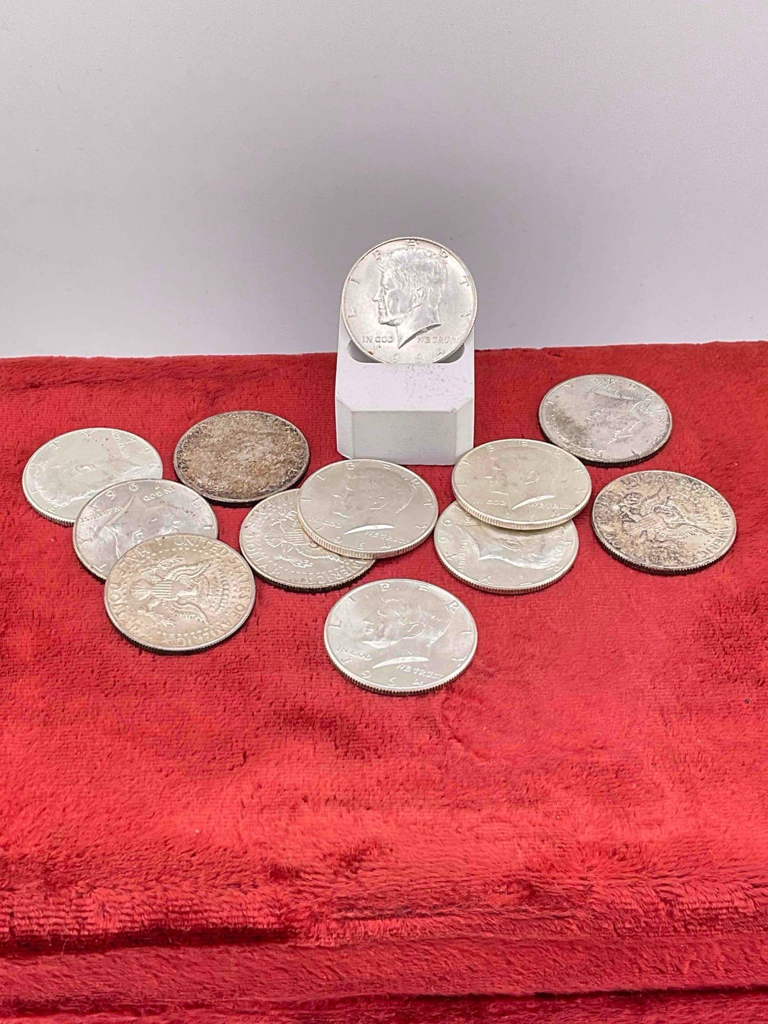 12 x 1964 Silver Kennedy 90% Silver Half Dollars, Assorted Mint marks & some nice gradable coins: c-6610