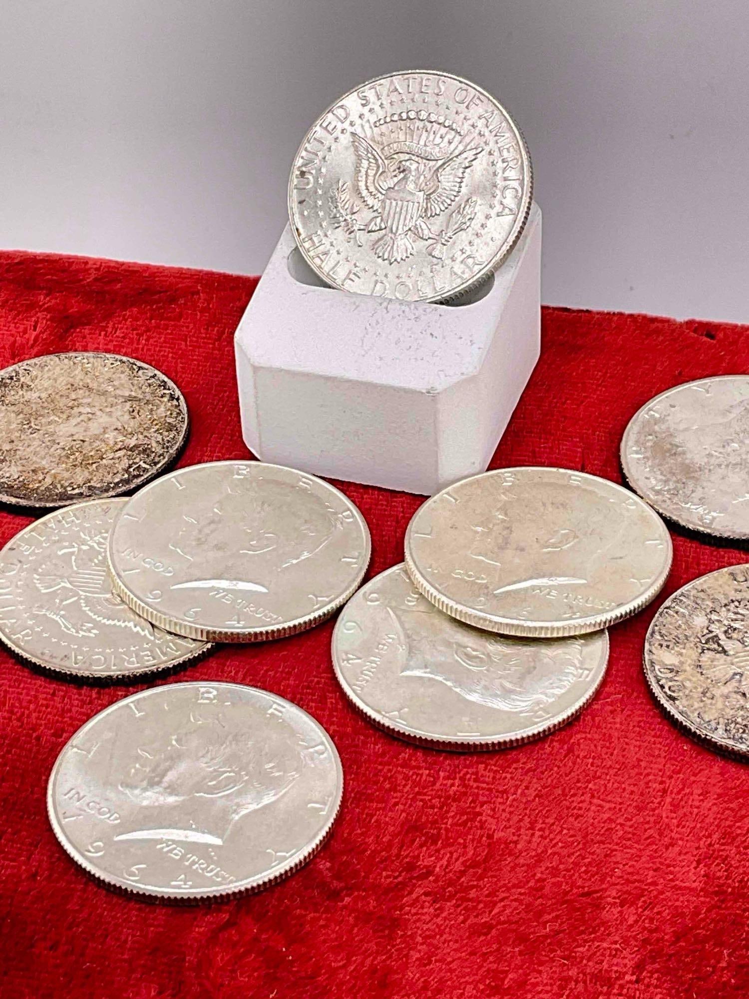 12 x 1964 Silver Kennedy 90% Silver Half Dollars, Assorted Mint marks & some nice gradable coins - 4