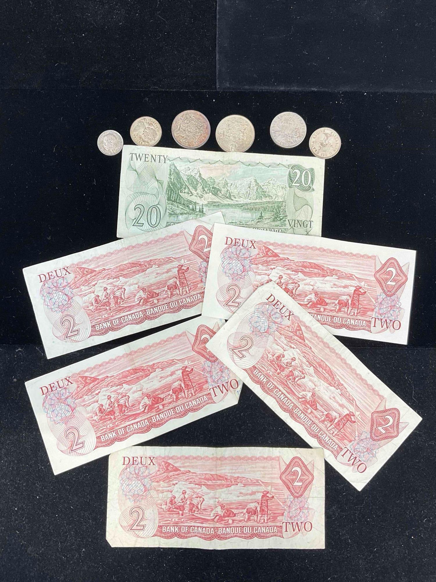 Canadian Currency & Silver coins 5x 1974 $2 Bills, 1969 $20 bill + 2x Silver halfs , 2 quarters P... - 4