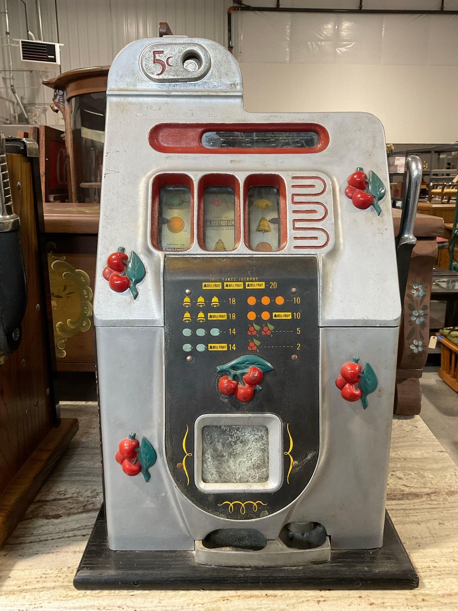 Vintage 1946 5-Cent Mills Black Cherry Mechanical Slot machine w/key, 27x18x16 inches (1 of 8)