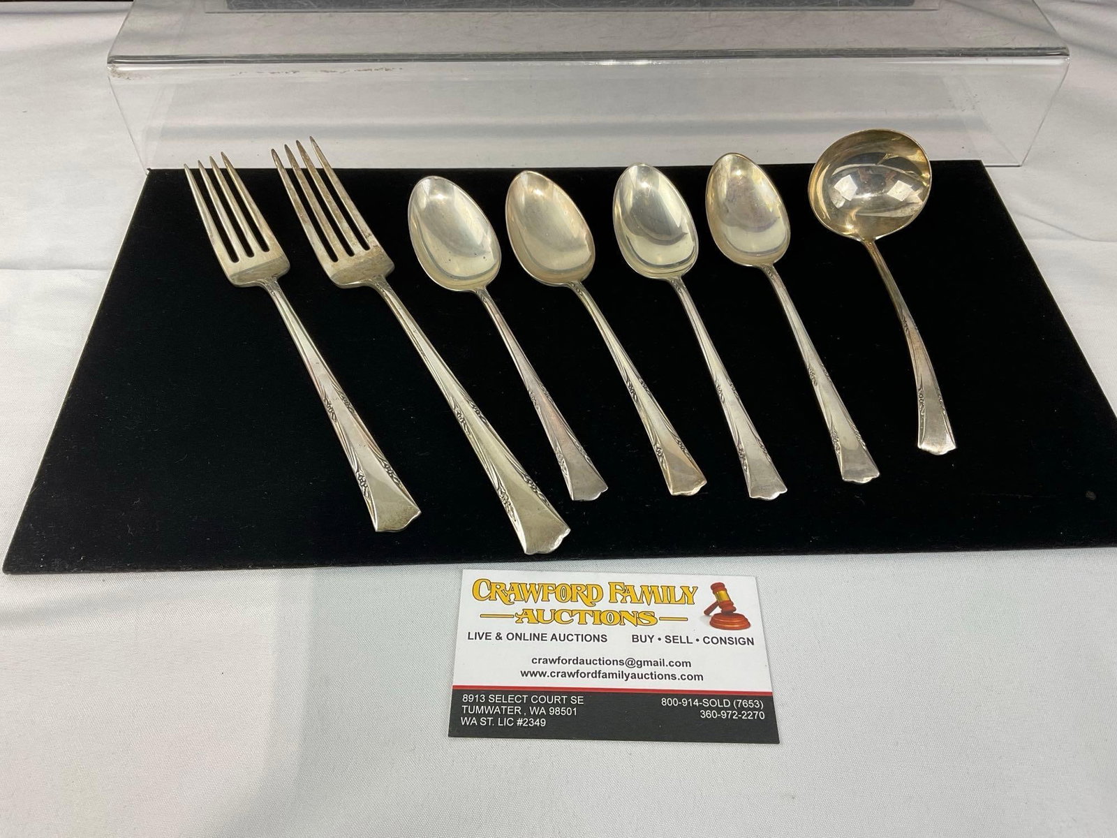 Gorham Sterling Silver pat. 1938 ttw 234.4 grams, 4 Spoons, 2 Forks & serving spoon: Appears to be in good shape. The piece measures approx 4h x 10w x 3d inches. The pieces weigh a total of 234.4 grams, including any stainless steel blades, and any reinforcing. See pics. E-6610