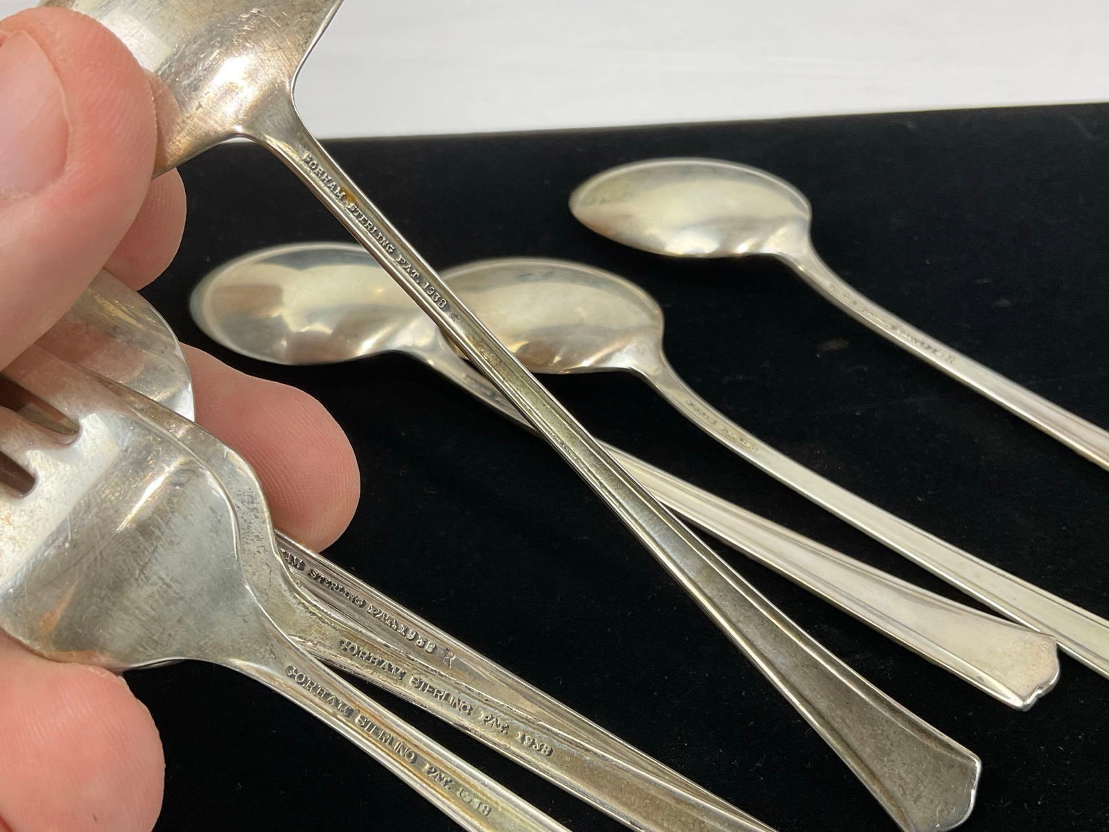 Gorham Sterling Silver pat. 1938 ttw 234.4 grams, 4 Spoons, 2 Forks & serving spoon - 5