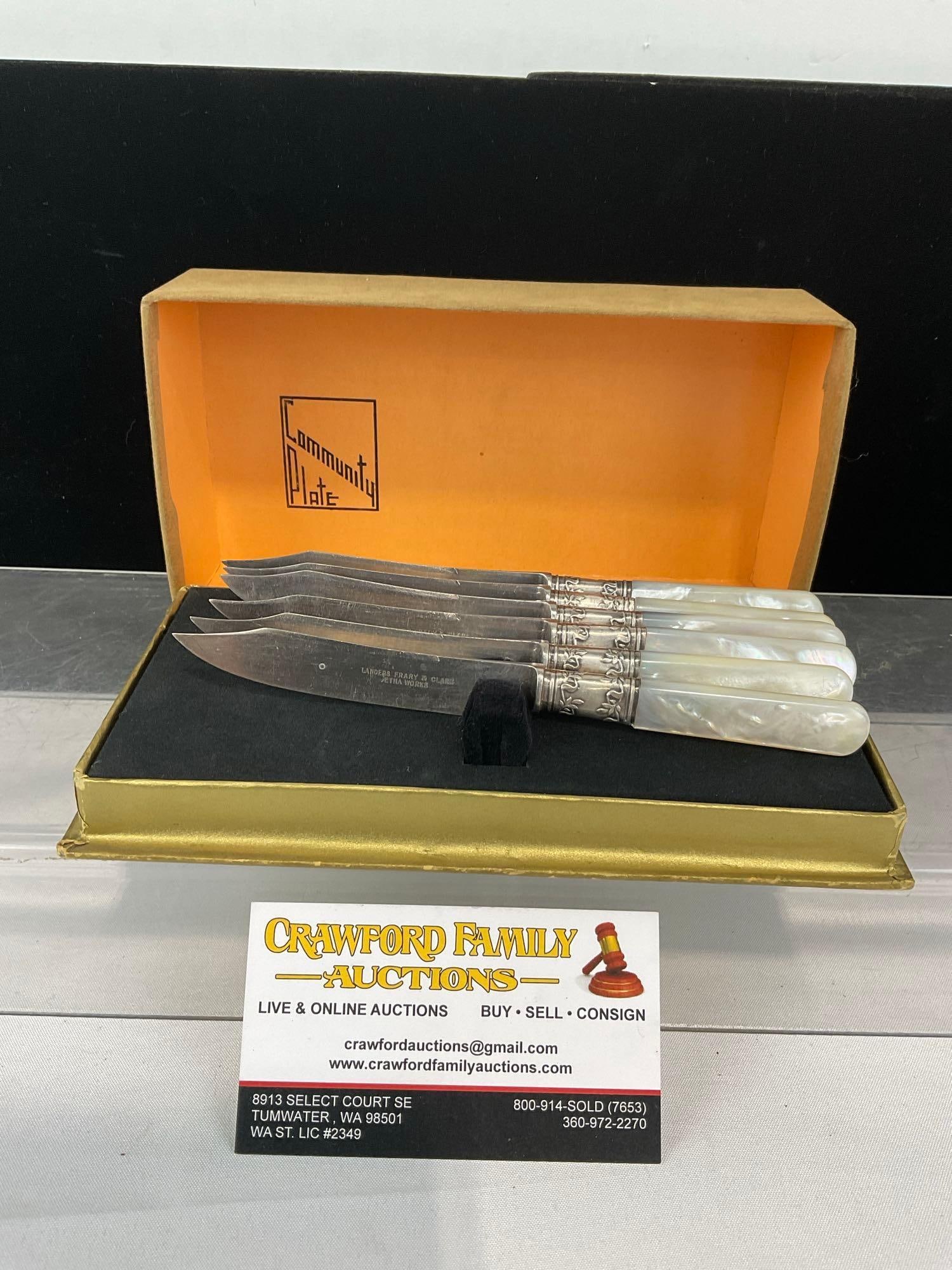 6 Vintage Landers, Frary & Clark Knives w/MOP Handles, Sterling Silver Rings, 114.4 grams ttw: Appears to be in good shape. The piece measures approx 3h x 8w x 5d inches. The pieces weigh a total of 114.4 grams, including any stainless steel blades, and any reinforcing. See pics. E-6610