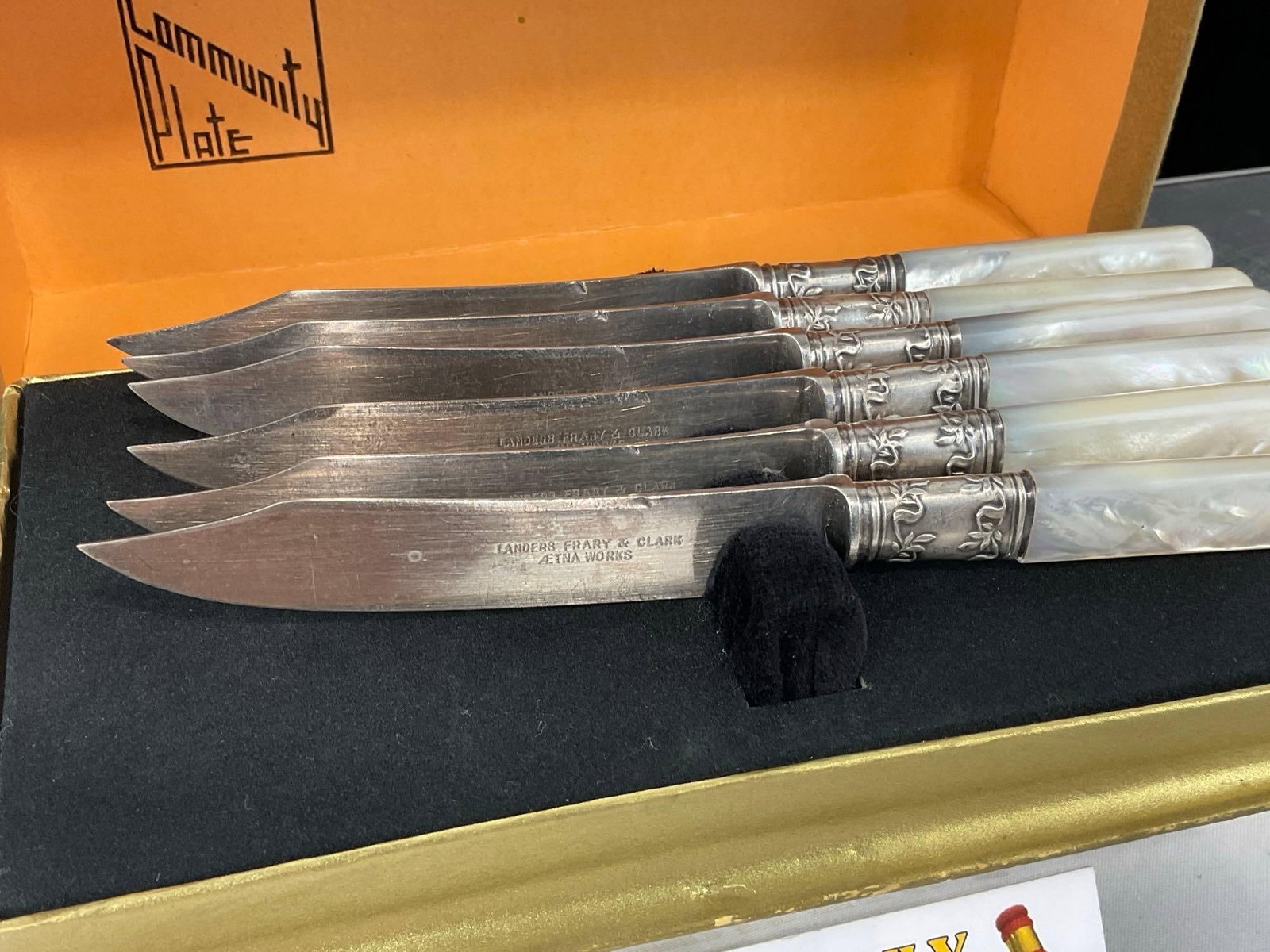6 Vintage Landers, Frary & Clark Knives w/MOP Handles, Sterling Silver Rings, 114.4 grams ttw - 2