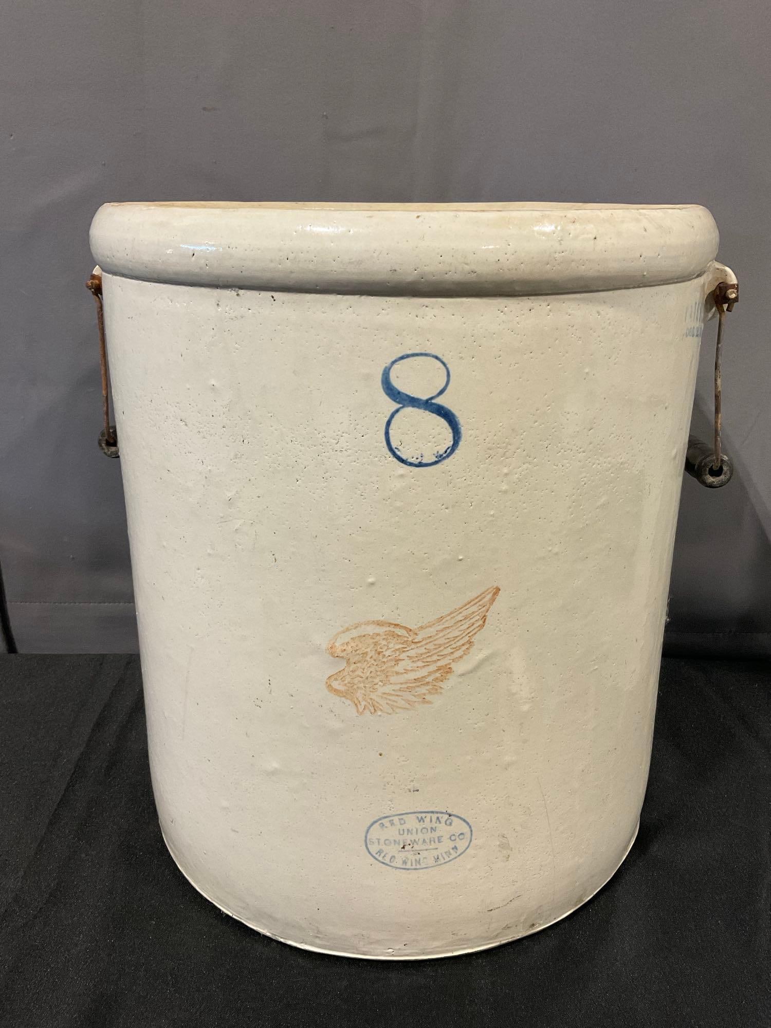 8 Gallon Red Wing Union Stoneware Co Crock, 17h x 16w x 15d inches, white glazed w/2 handles (1 of 8)