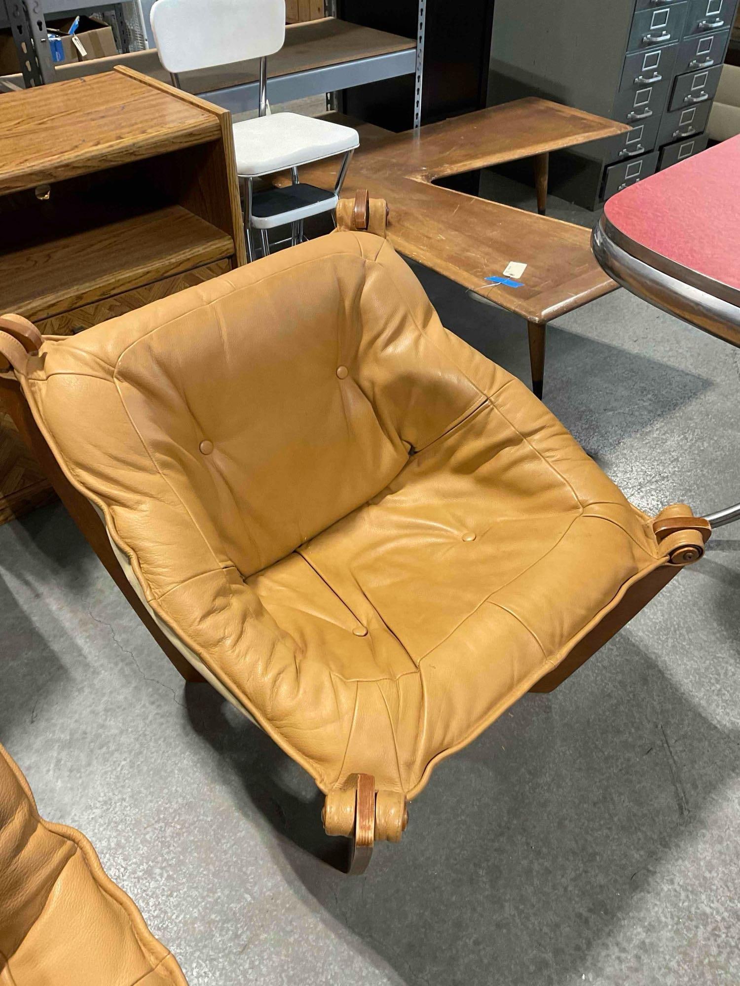 Vintage Luna Sling Lounge Chair by Hjellegjerde w/ Camel Leather Upholstery. Fair Condition. - 3