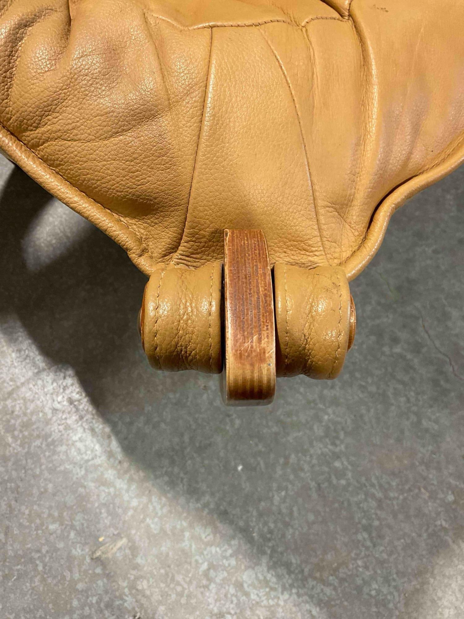 Vintage Luna Sling Lounge Chair by Hjellegjerde w/ Camel Leather Upholstery. Fair Condition. - 8