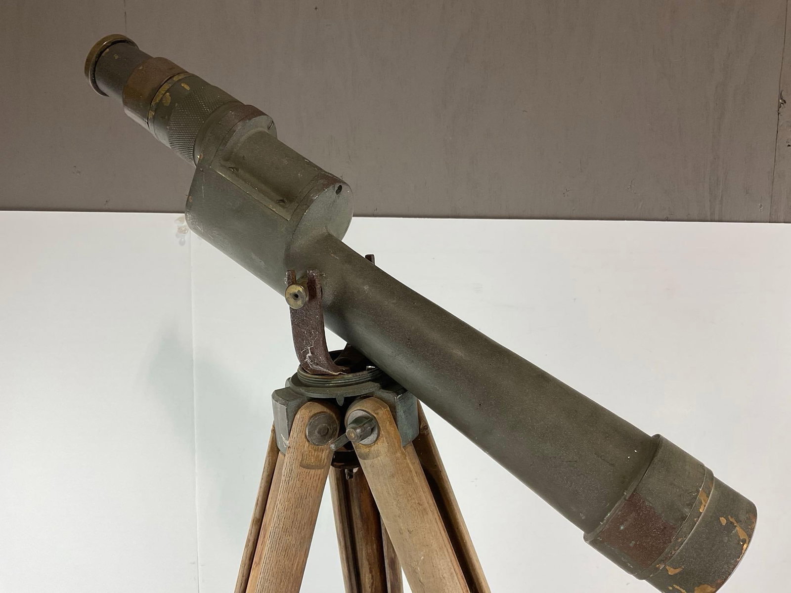 WWII Era Spotting Scope, marked 1942, Telescope M1910A1 No.1731, Cast Metal w/Tripod w/wooden legs - 3