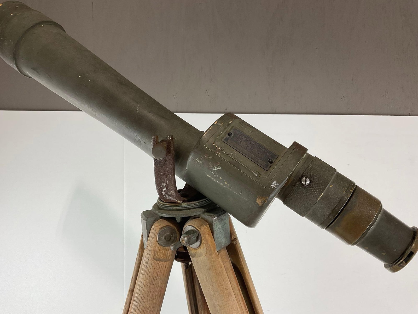 WWII Era Spotting Scope, marked 1942, Telescope M1910A1 No.1731, Cast Metal w/Tripod w/wooden legs - 4