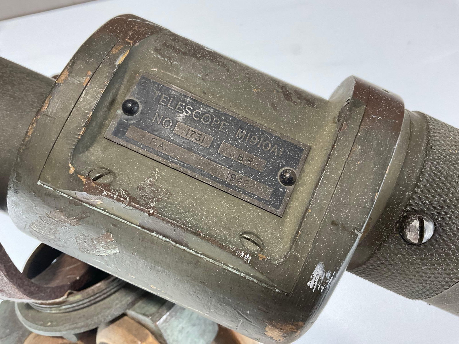 WWII Era Spotting Scope, marked 1942, Telescope M1910A1 No.1731, Cast Metal w/Tripod w/wooden legs - 5