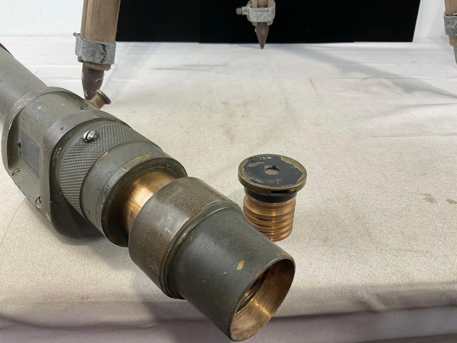 WWII Era Spotting Scope, marked 1942, Telescope M1910A1 No.1731, Cast Metal w/Tripod w/wooden legs - 8