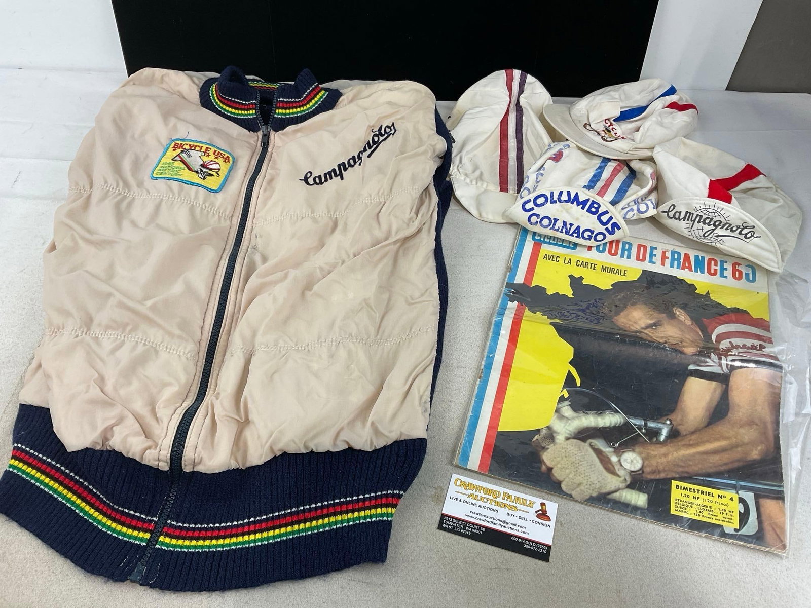 Vintage Campagnolo Bicycle Bomber Jacket size (4) & 4x Biking Caps, Tour De France 1960 Magazine: Appears to be in good shape. The piece measures approx 5h x 14w x 10d inches. See pics. E-6600