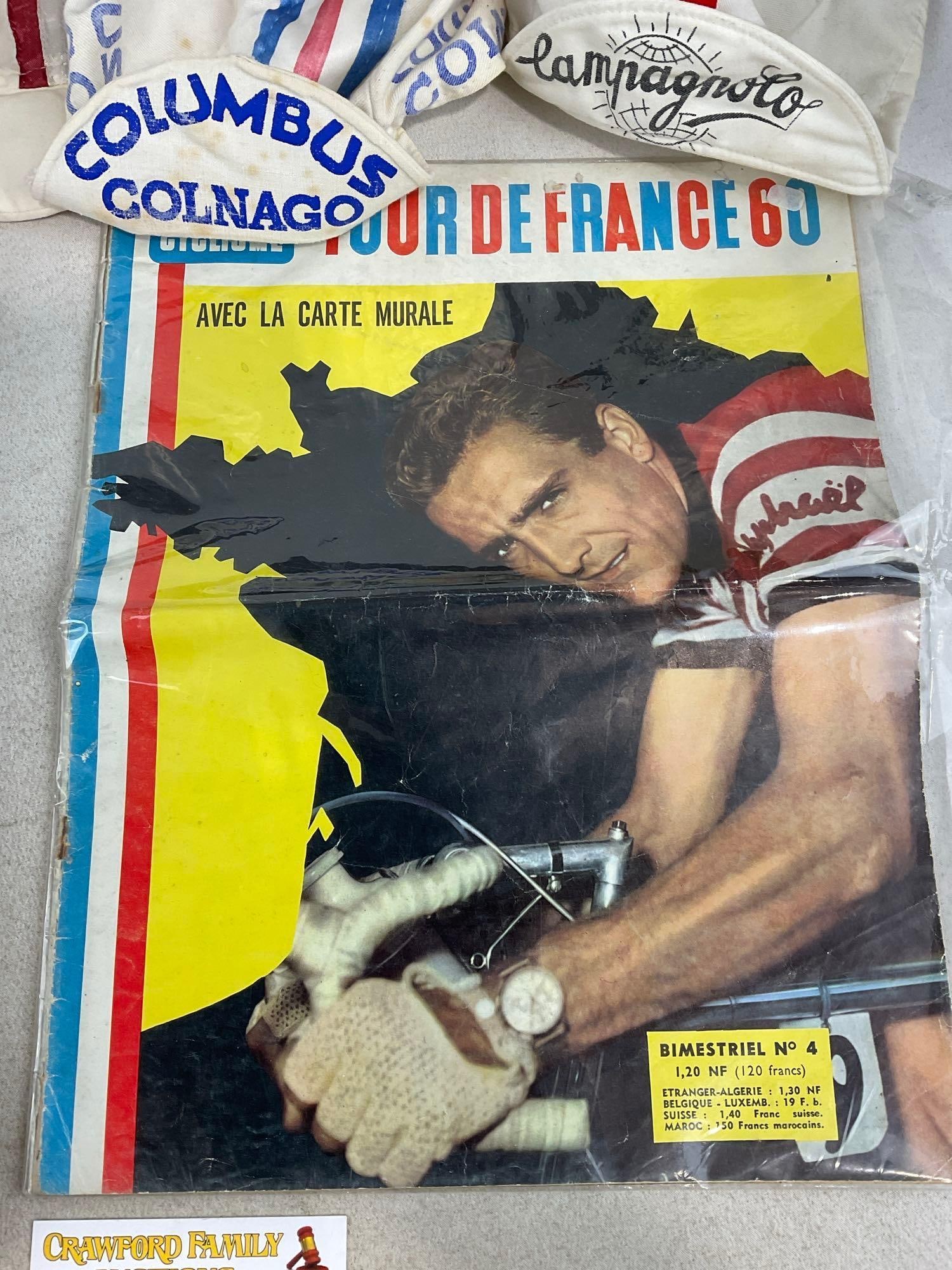 Vintage Campagnolo Bicycle Bomber Jacket size (4) & 4x Biking Caps, Tour De France 1960 Magazine - 3