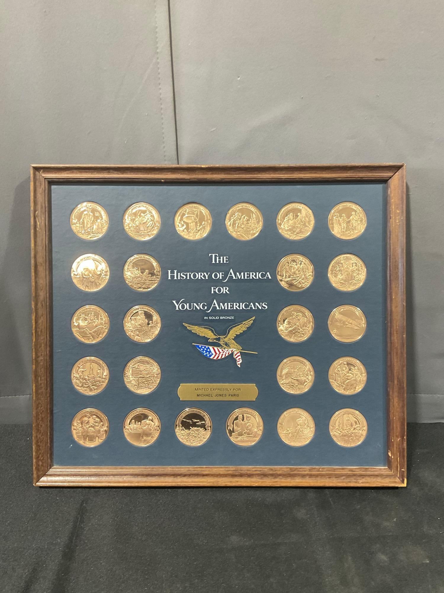 Vintage 1976 Franklin mint The History of Amerca For Young Americans Bronze Coin collection w/ COA: C-6600 Complete collection of 24 bronze coins in Presentation plaque from Columbus Discovering America to Man Landing on the Moon. Plaque size 41.5"x 17"