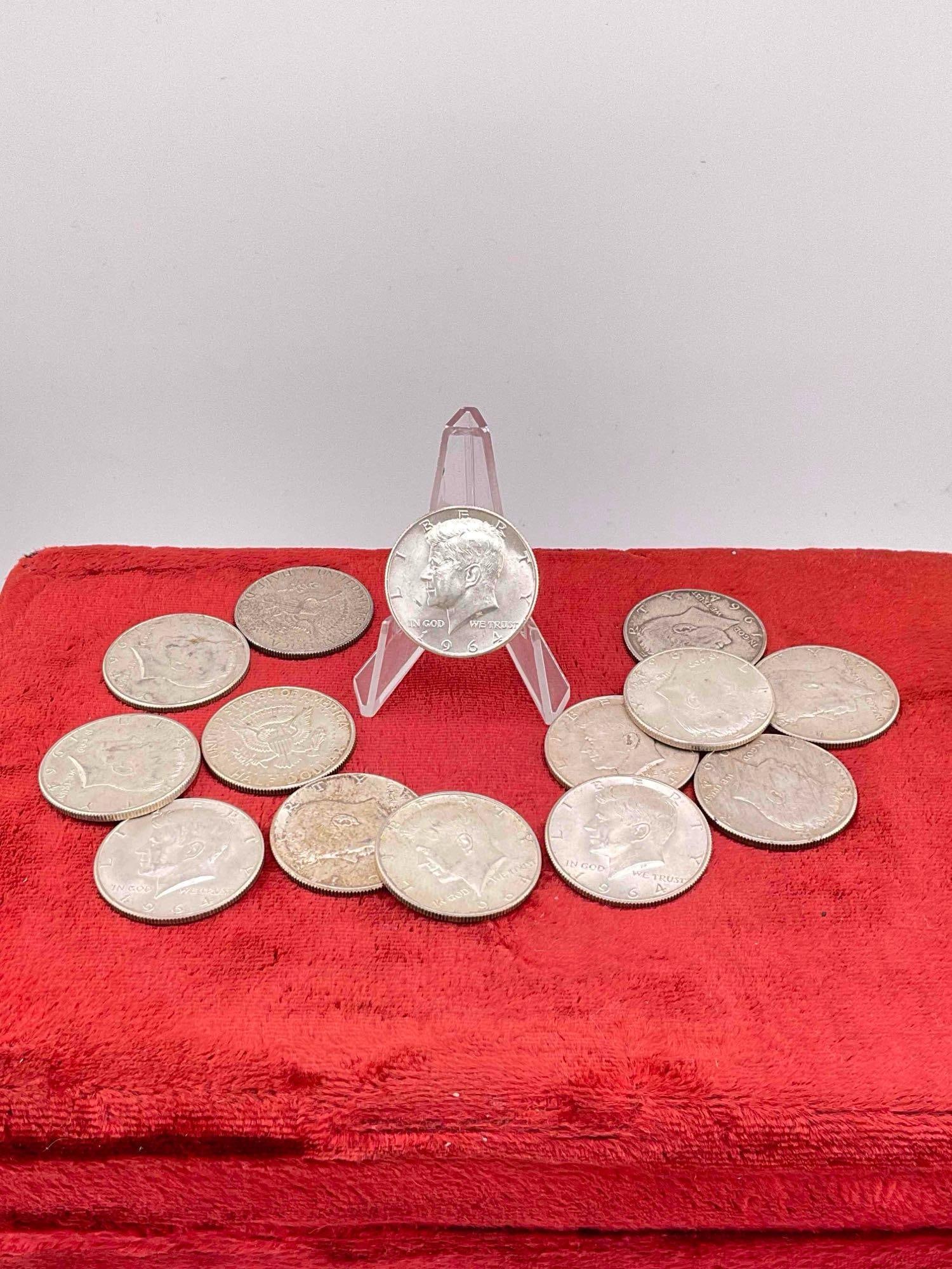 14 X 90% Silver Coins / 1964 Kennedy Half dollars Assorted dates & mint marks: c-6600