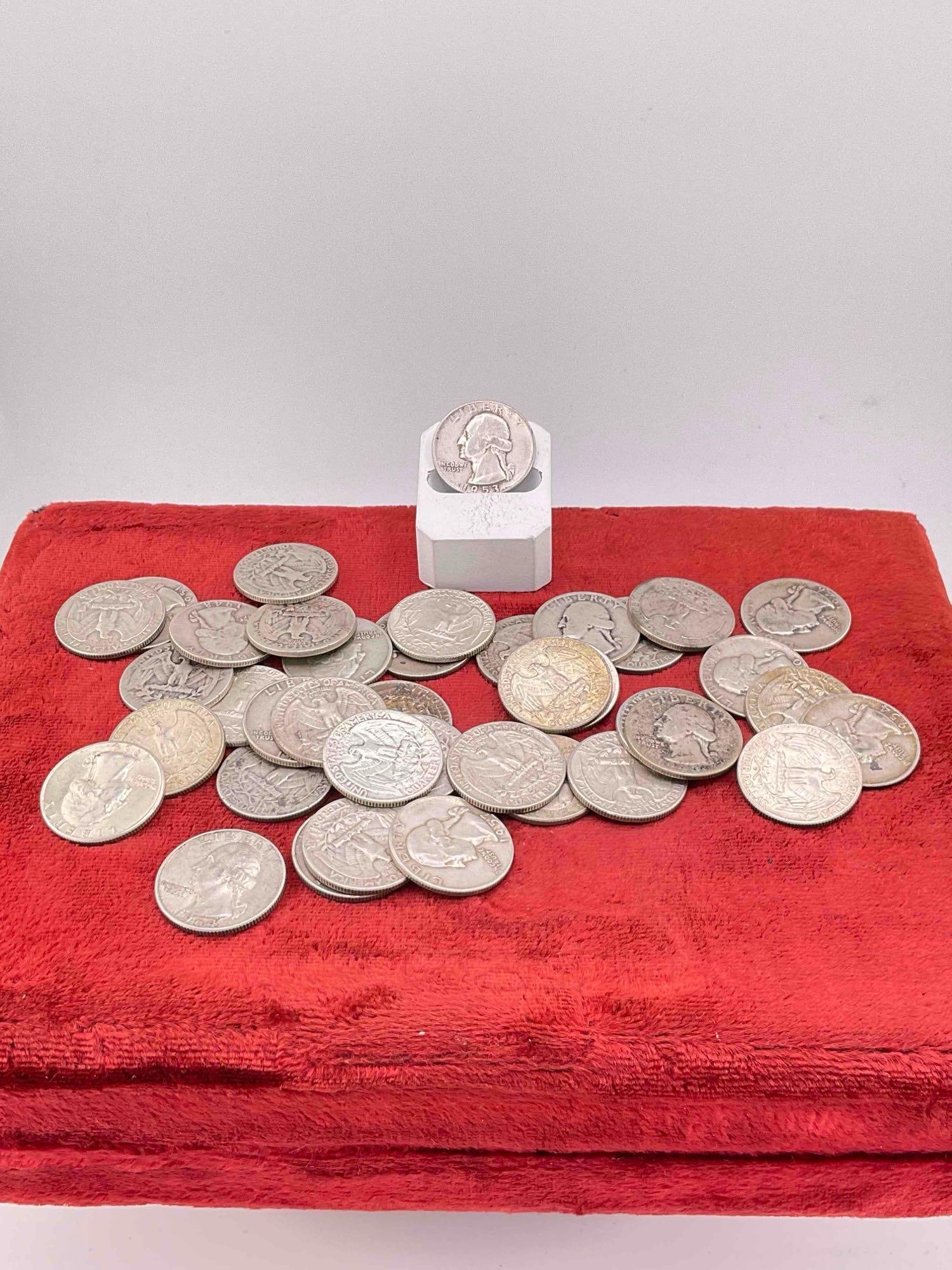 39 x Silver Washington Quarters 1935 to 1964 Assorted dates & mint marks: c-6600