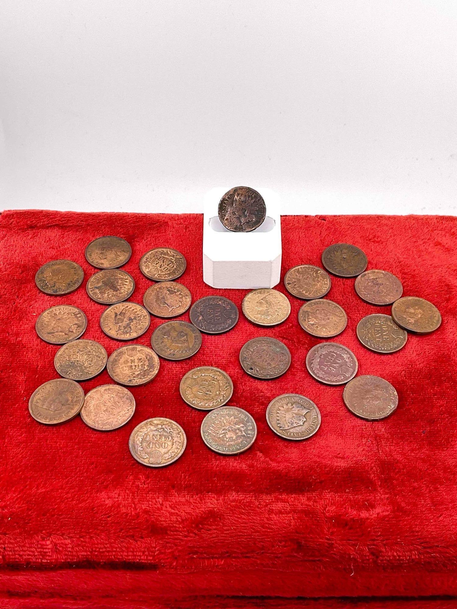 28 X Antique indian head pennys (16x 1900-1909) ( 10 x 1890 -1899) 1873 & 1895: c-6600 1873 has dents and rim damage 