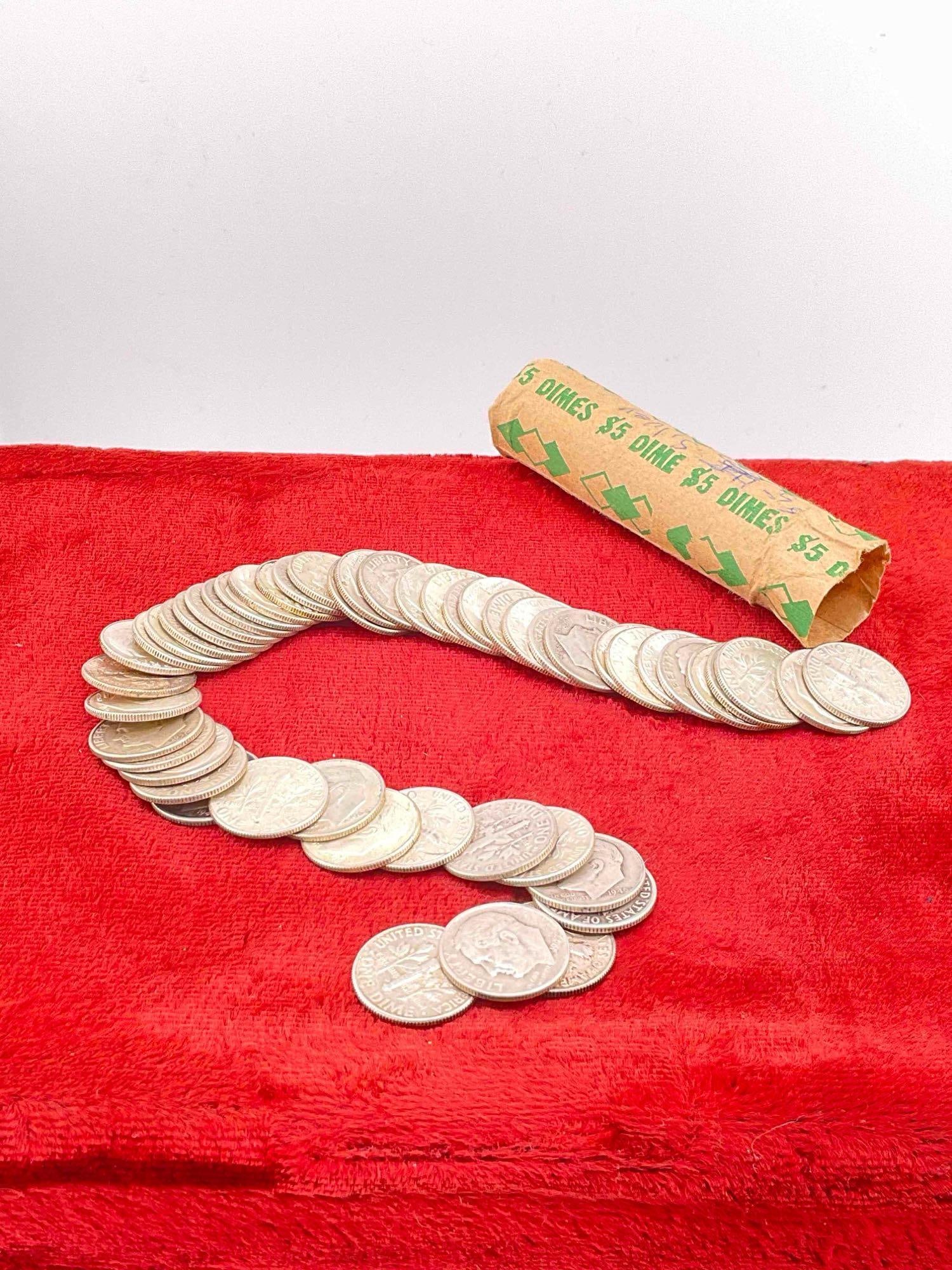 Roll of 50 Silver Roosevelt Dimes coins, assorted dates and mint marks: c-6600